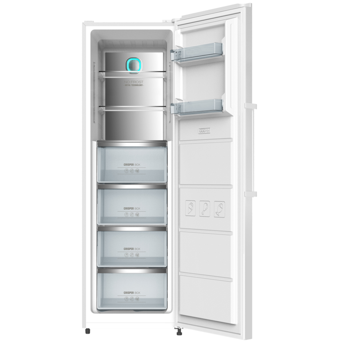 Refrigerador blanco con la puerta abierta, revelando estantes y cajones. Está sobre un fondo negro.
