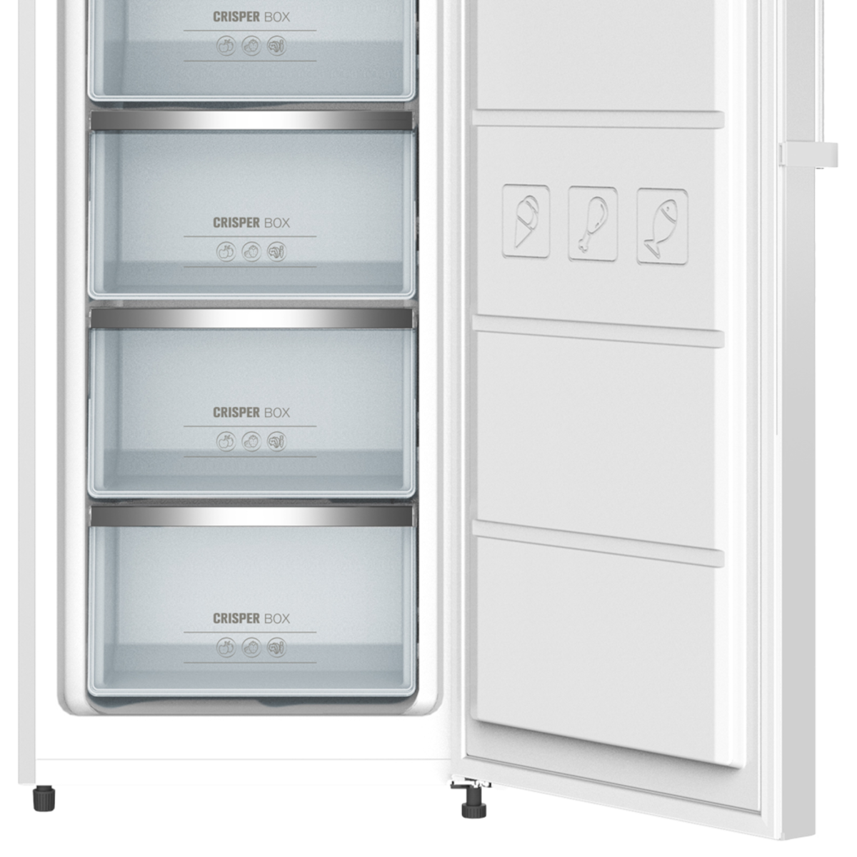 Congelador blanco con puerta abierta mostrando cajas y estantes con iconos de alimentos congelados.