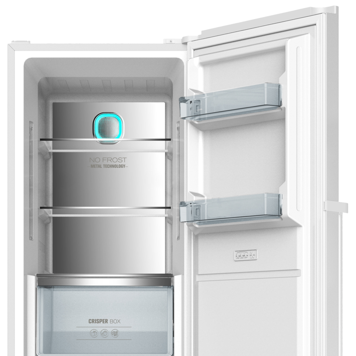 Refrigerador abierto mostrando estantes, una caja de verduras y dos estantes.