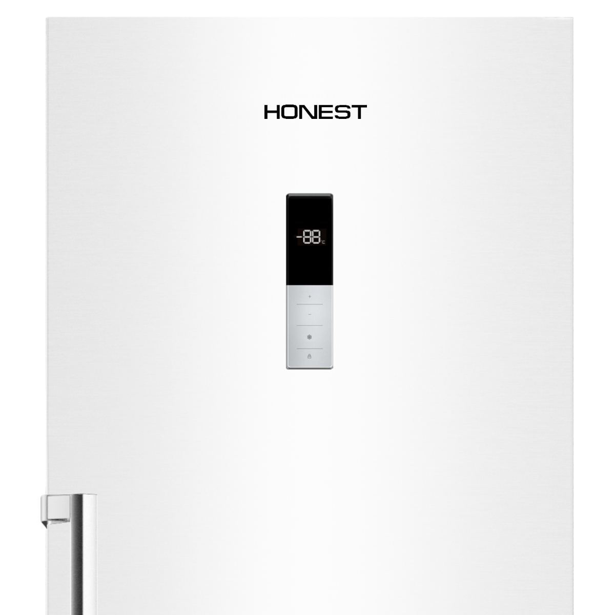 Un refrigerador blanco con el logo de Honest y una pantalla digital que muestra -88 grados.
