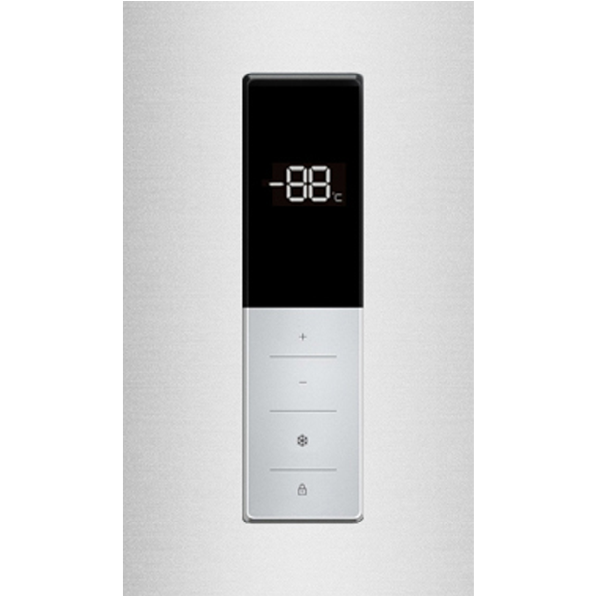 Panel de control con pantalla digital '-88°C' y botones. Diseño plateado y negro.