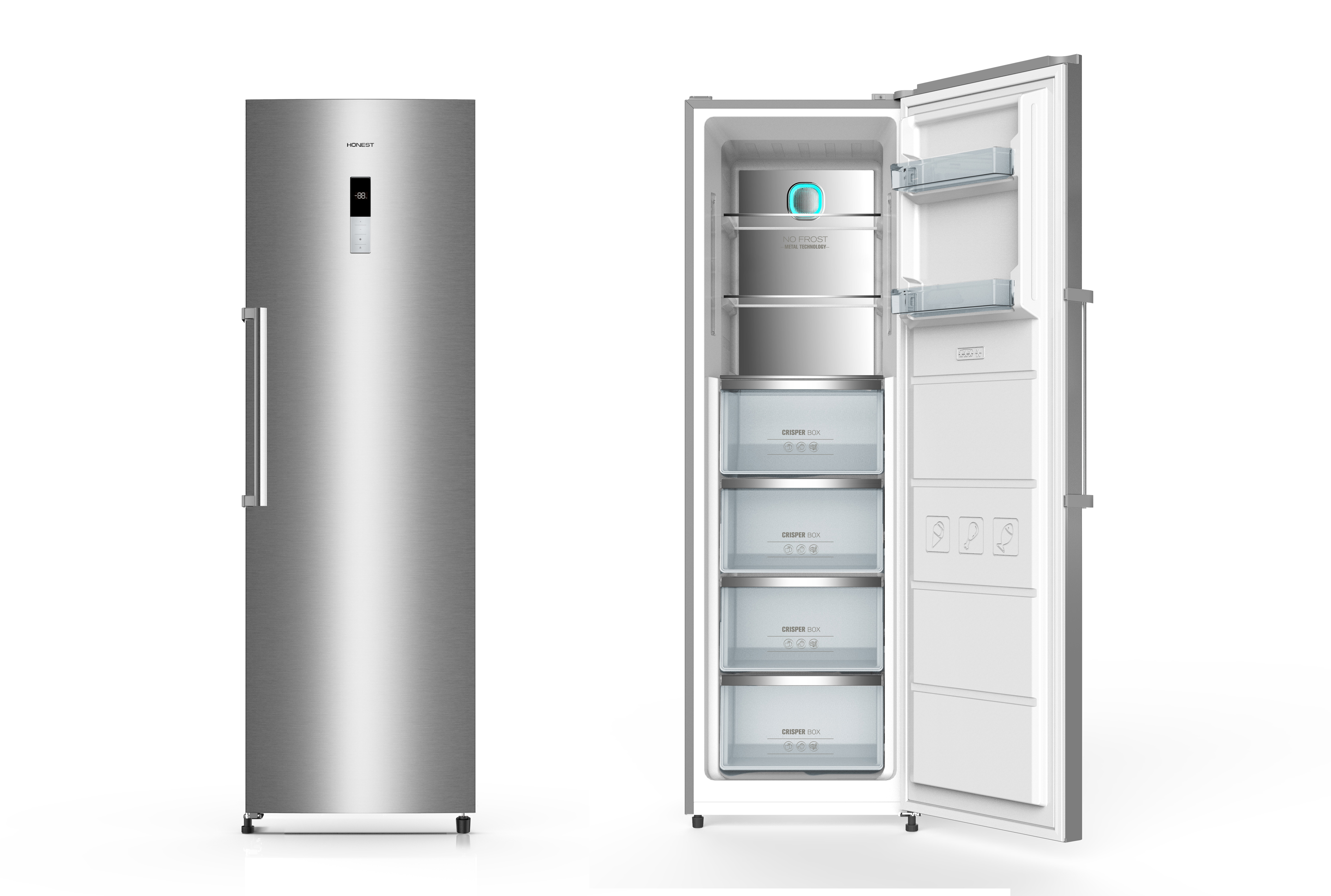 Un frigorífico de acero inoxidable, una puerta abierta, mostrando estantes, cajones e interior.