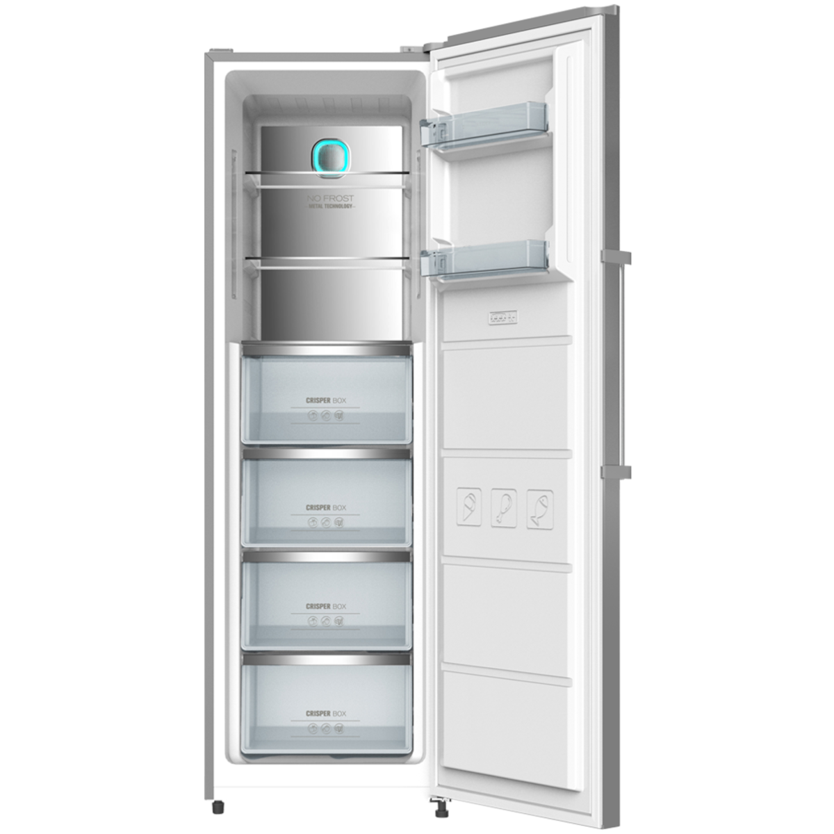 Refrigerador abierto mostrando estantes, cajones y luz. El interior es blanco, con recipientes transparentes.