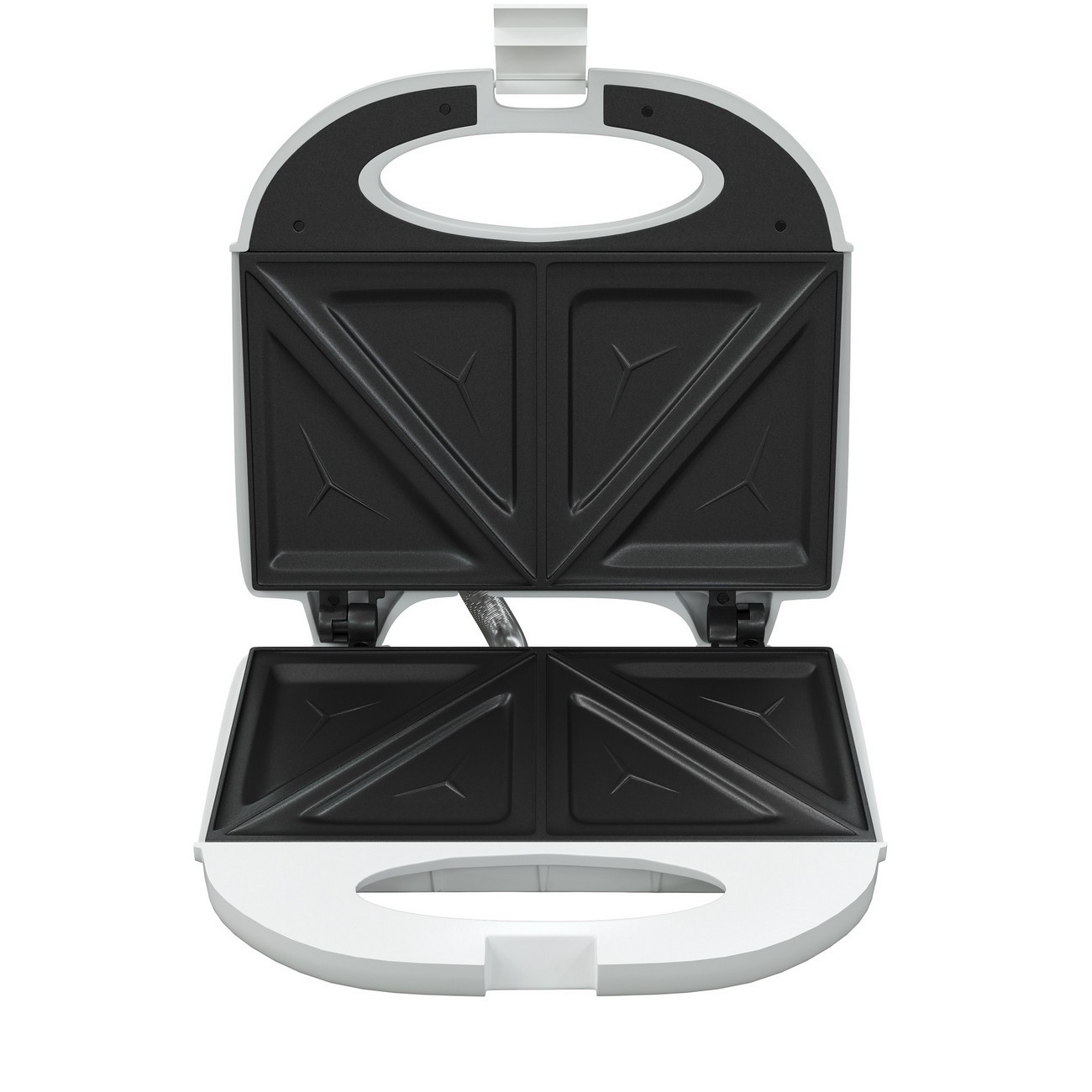 Biało-czarny opiekacz do kanapek, otwarty, z płytami grzewczymi. Białe tło.