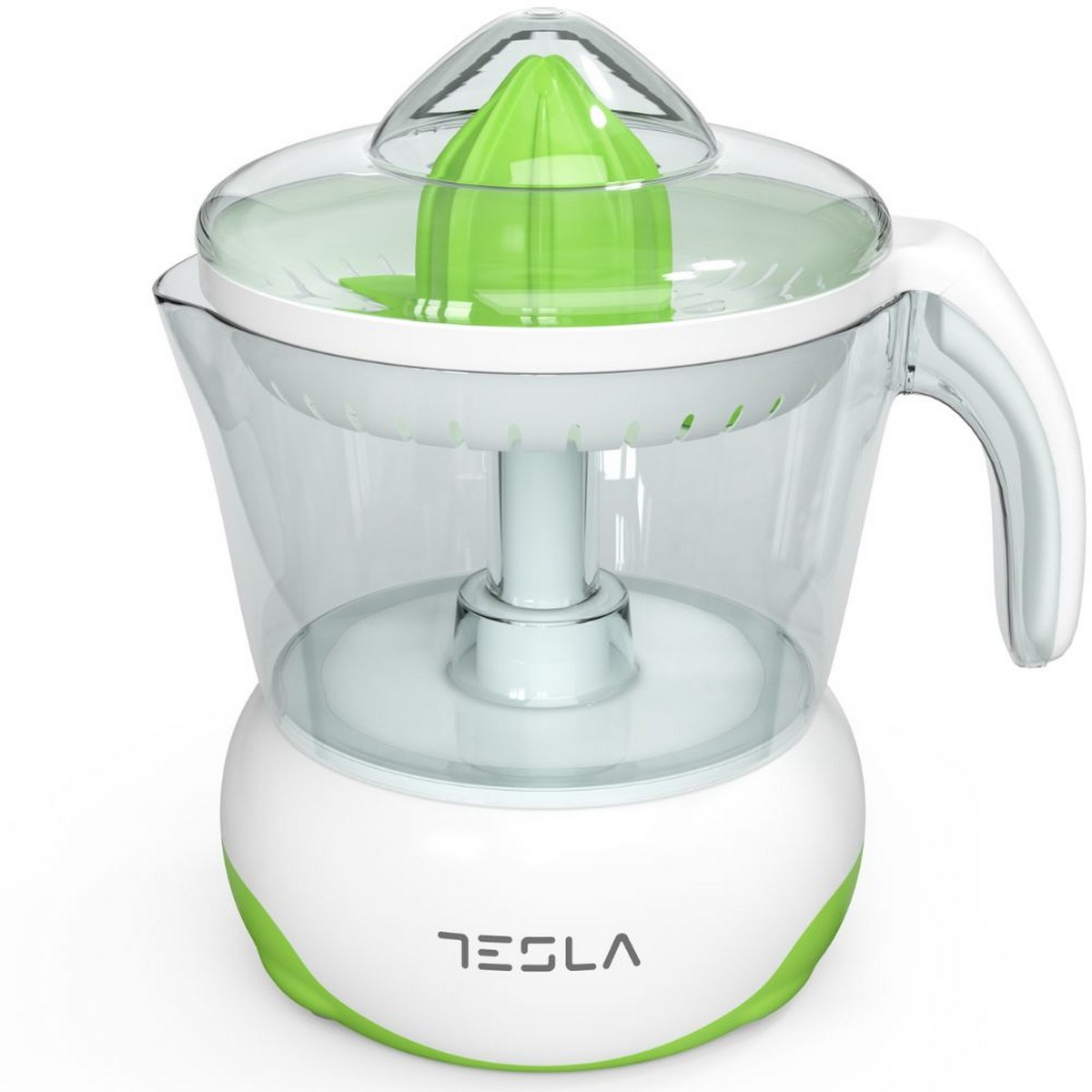 Exprimidor eléctrico blanco y verde. Un recipiente transparente muestra el interior. Logo Tesla.