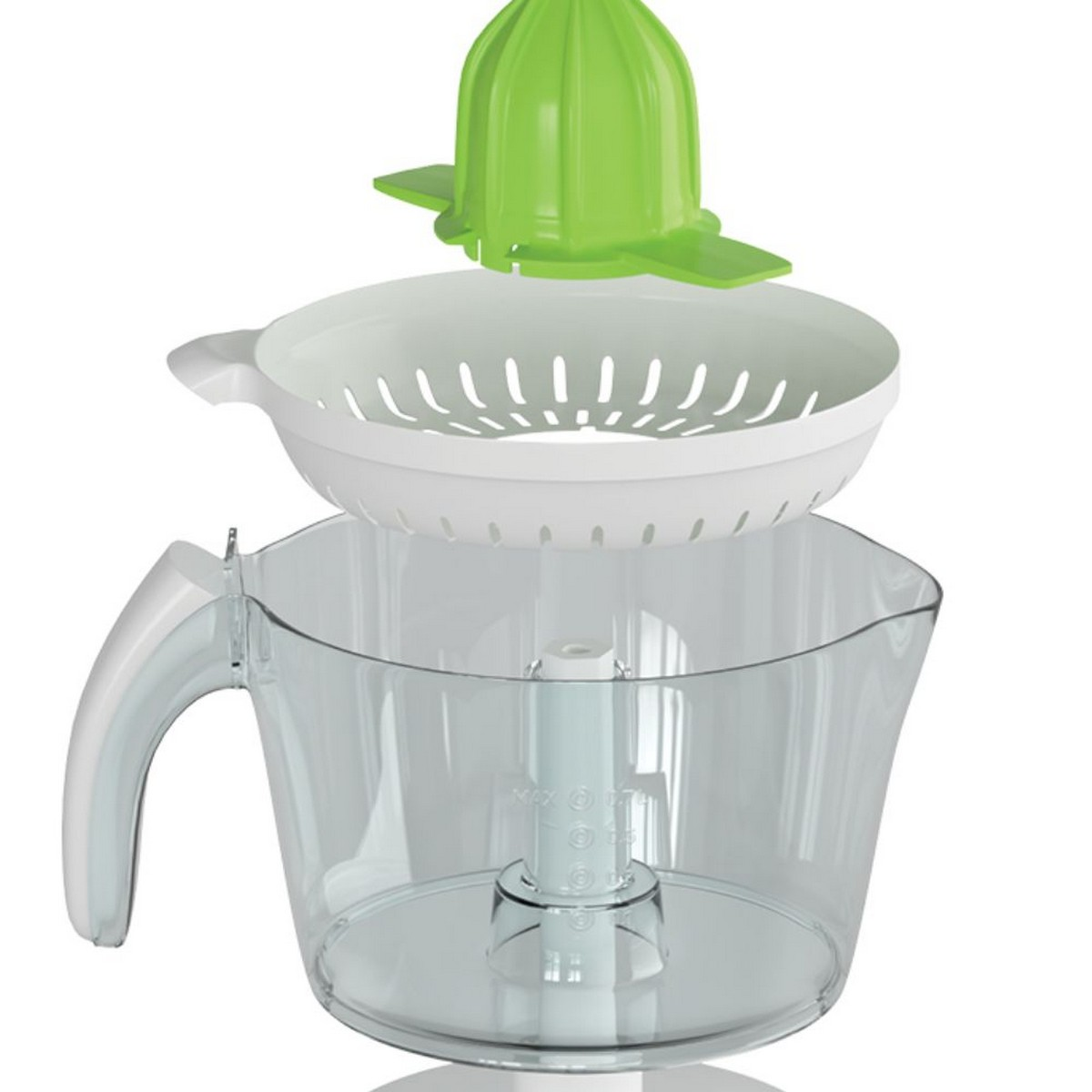 Exprimidor desmontado, con tapa verde, colador blanco y recipiente transparente.