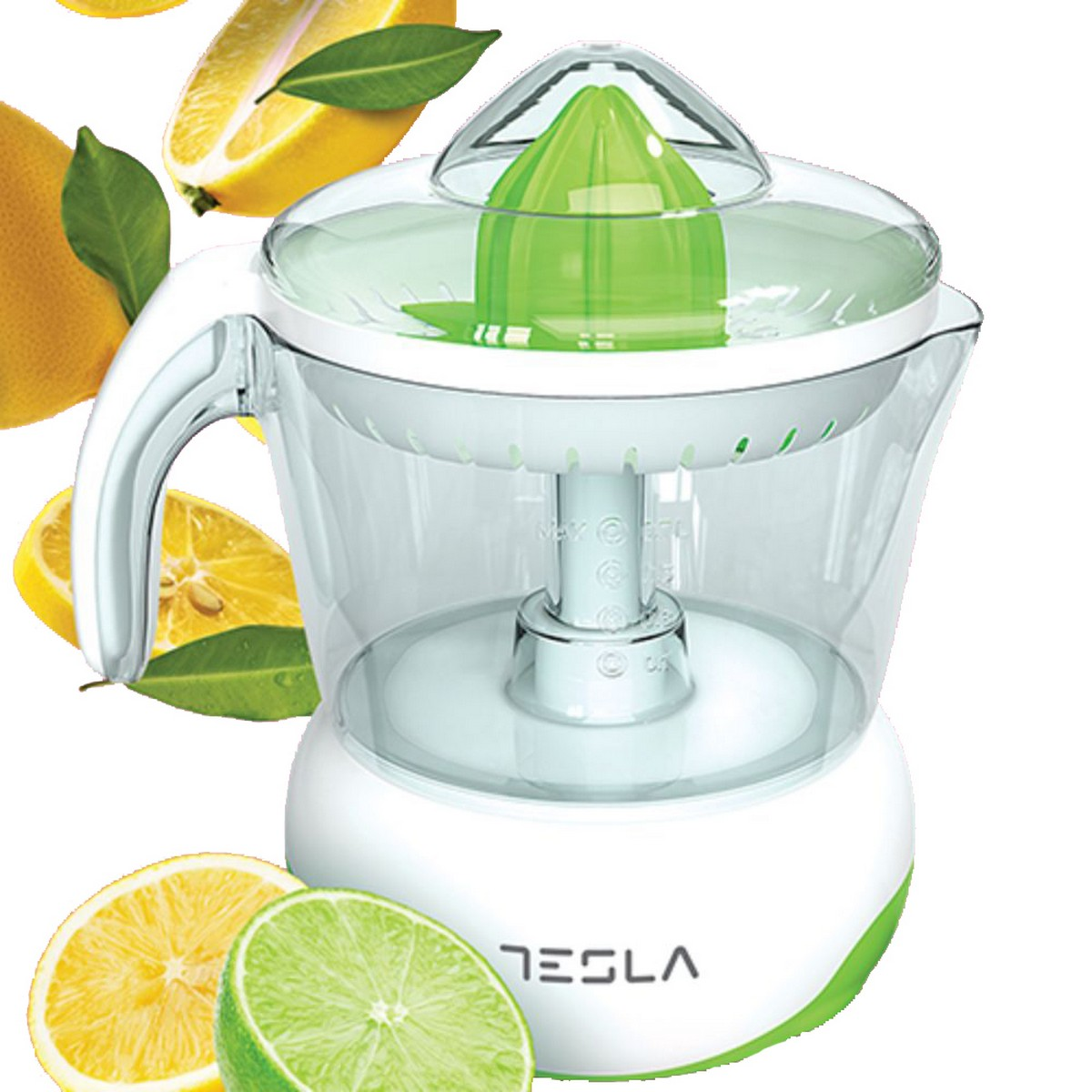 Exprimidor eléctrico de cítricos con limones y limas. El exprimidor es blanco y verde.