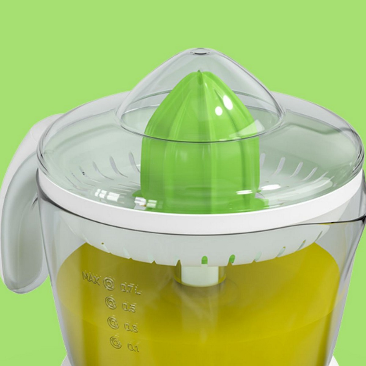 Exprimidor con un cono verde en el centro y un recipiente de plástico transparente sobre fondo verde.