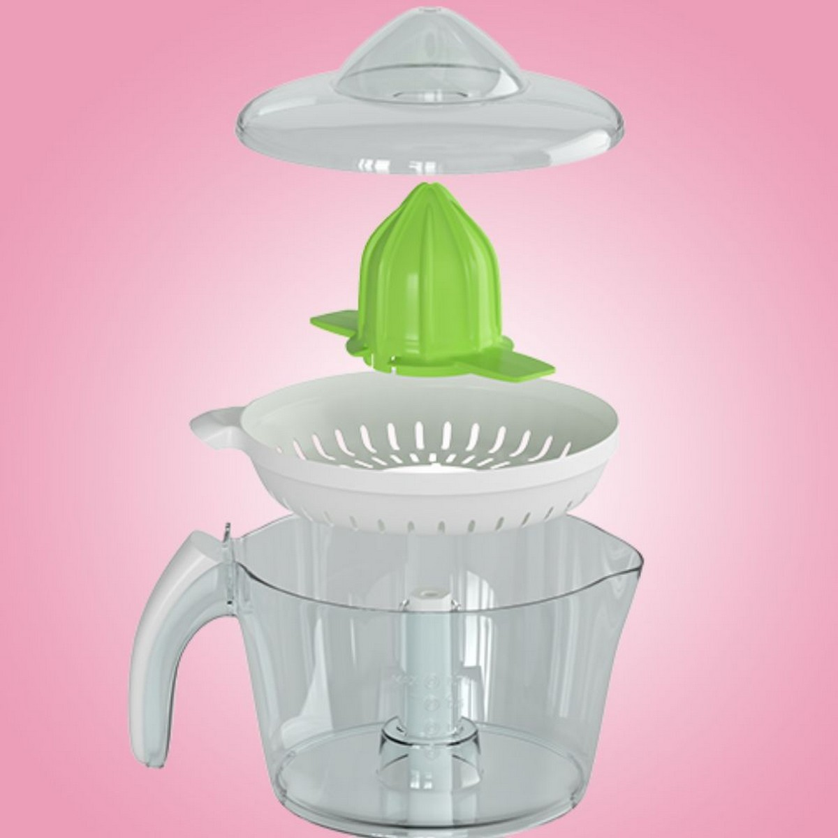 Componentes de exprimidor separados: tapa, escariador verde, colador blanco y recipiente transparente sobre rosa.