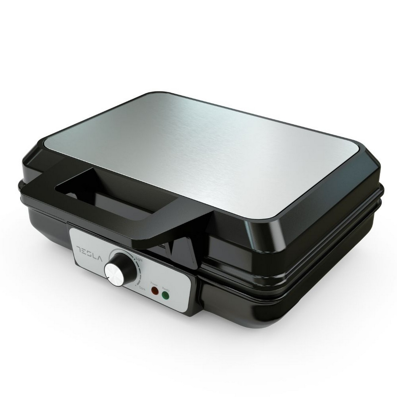 Waffle maker TESLA nero. Ha un coperchio argentato, un quadrante e due luci frontali.