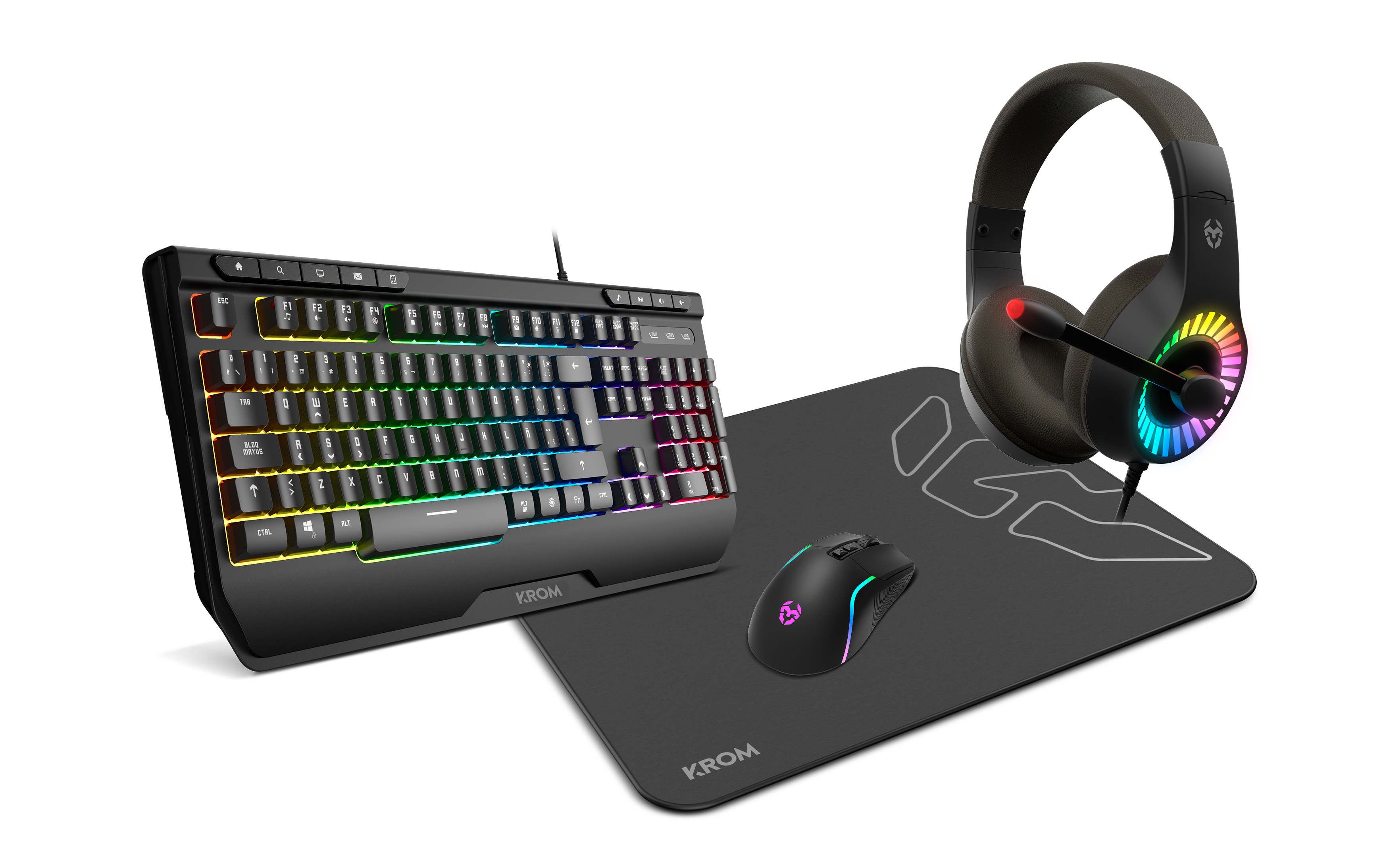 Un teclado negro con teclas iluminadas de colores, un ratón, una alfombrilla y unos auriculares.