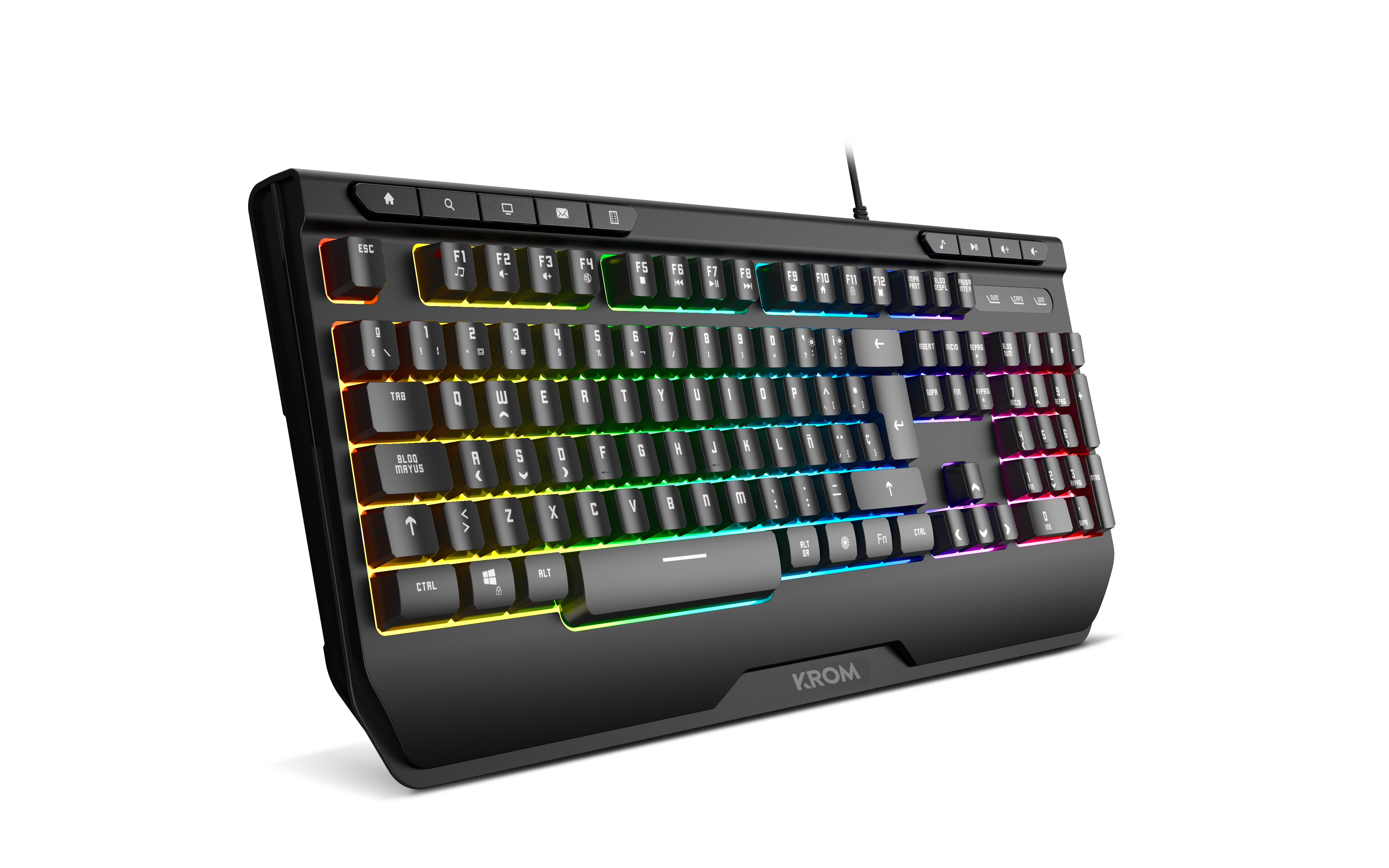 Teclado negro con teclas iluminadas de colores sobre fondo blanco. KROM está escrito en él.