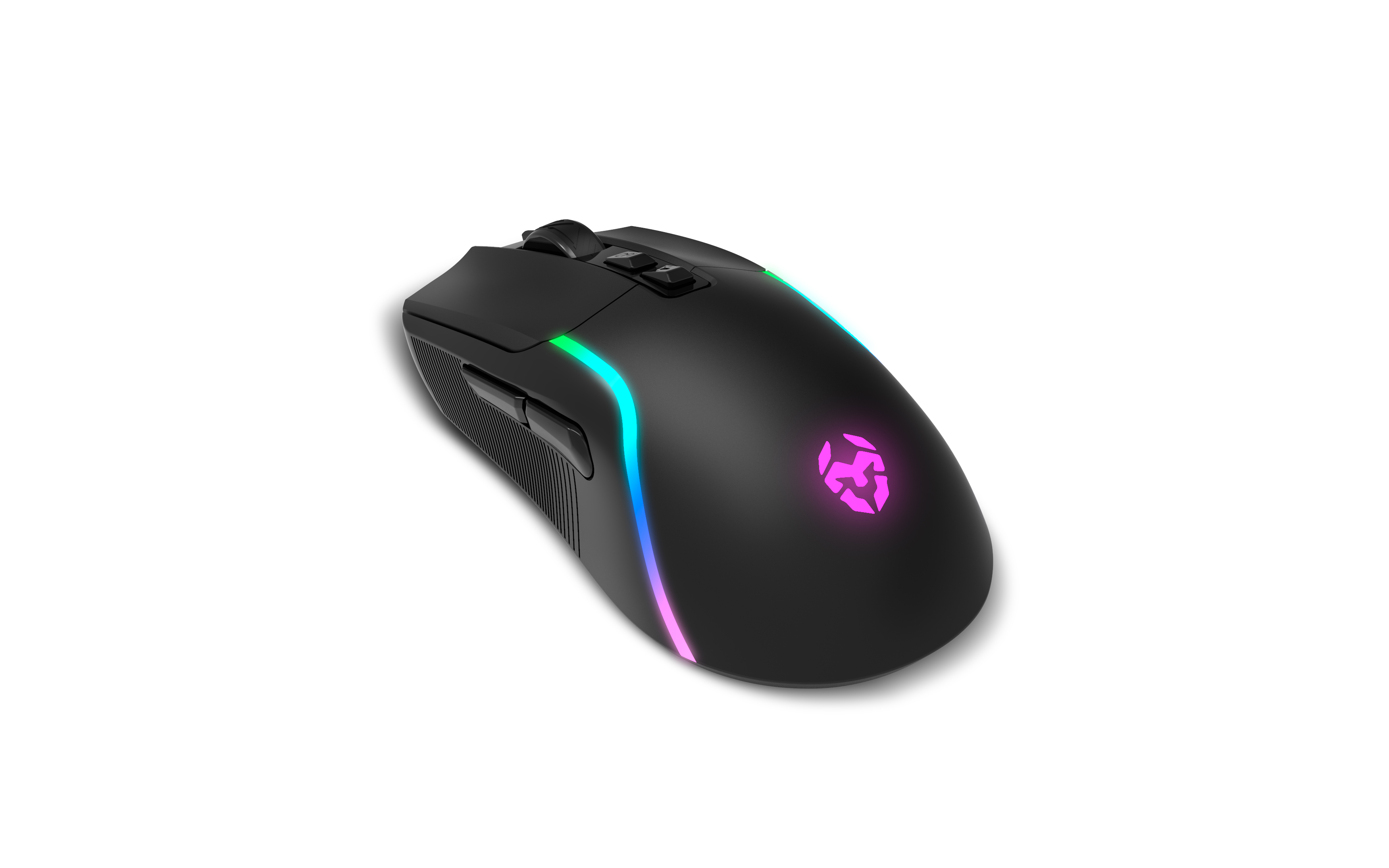 Ratón negro con iluminación colorida sobre fondo blanco. Un logo de KROM se ilumina en él.