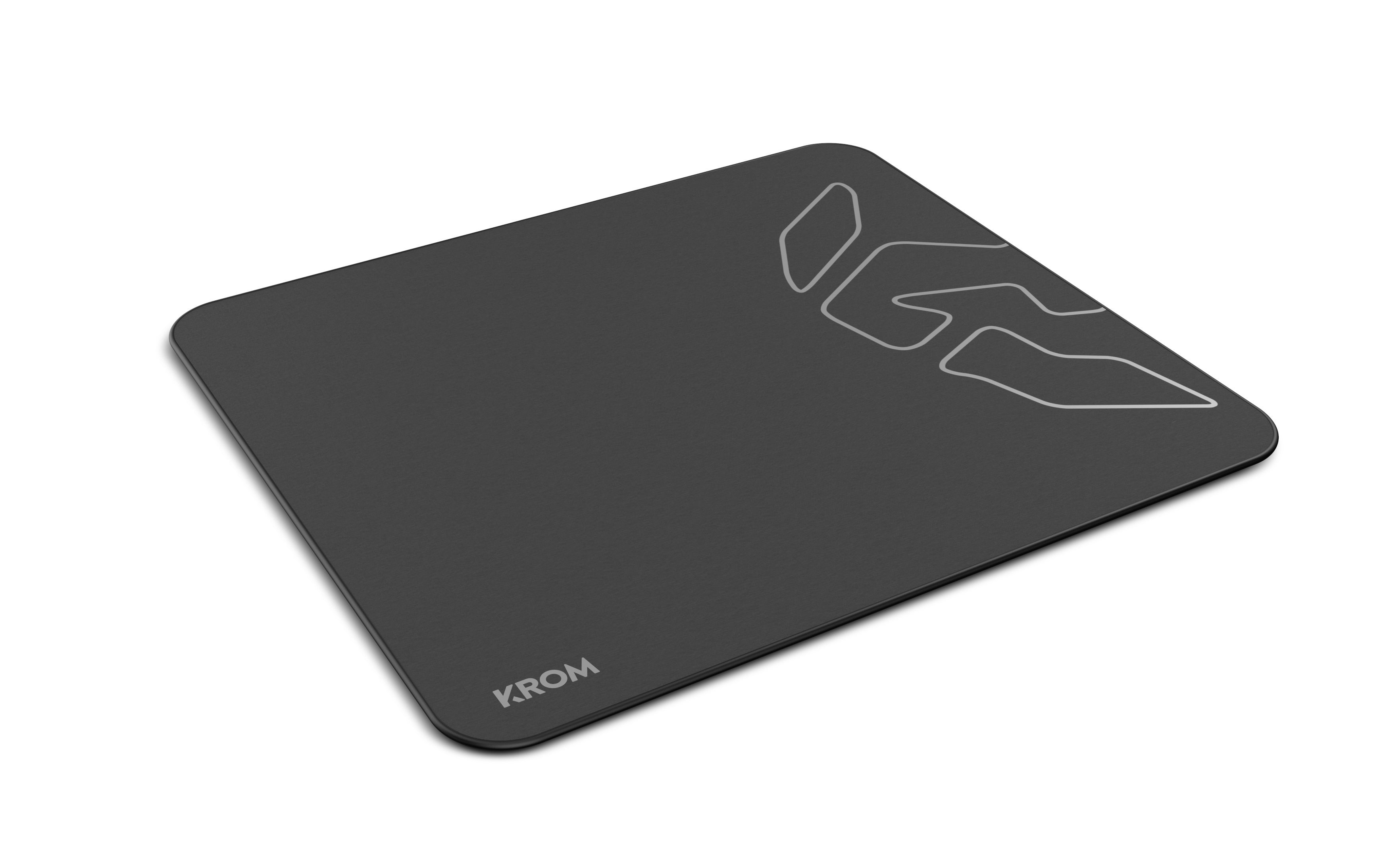 Alfombrilla de ratón negra. Logotipo y diseño Krom gris en la esquina superior derecha.