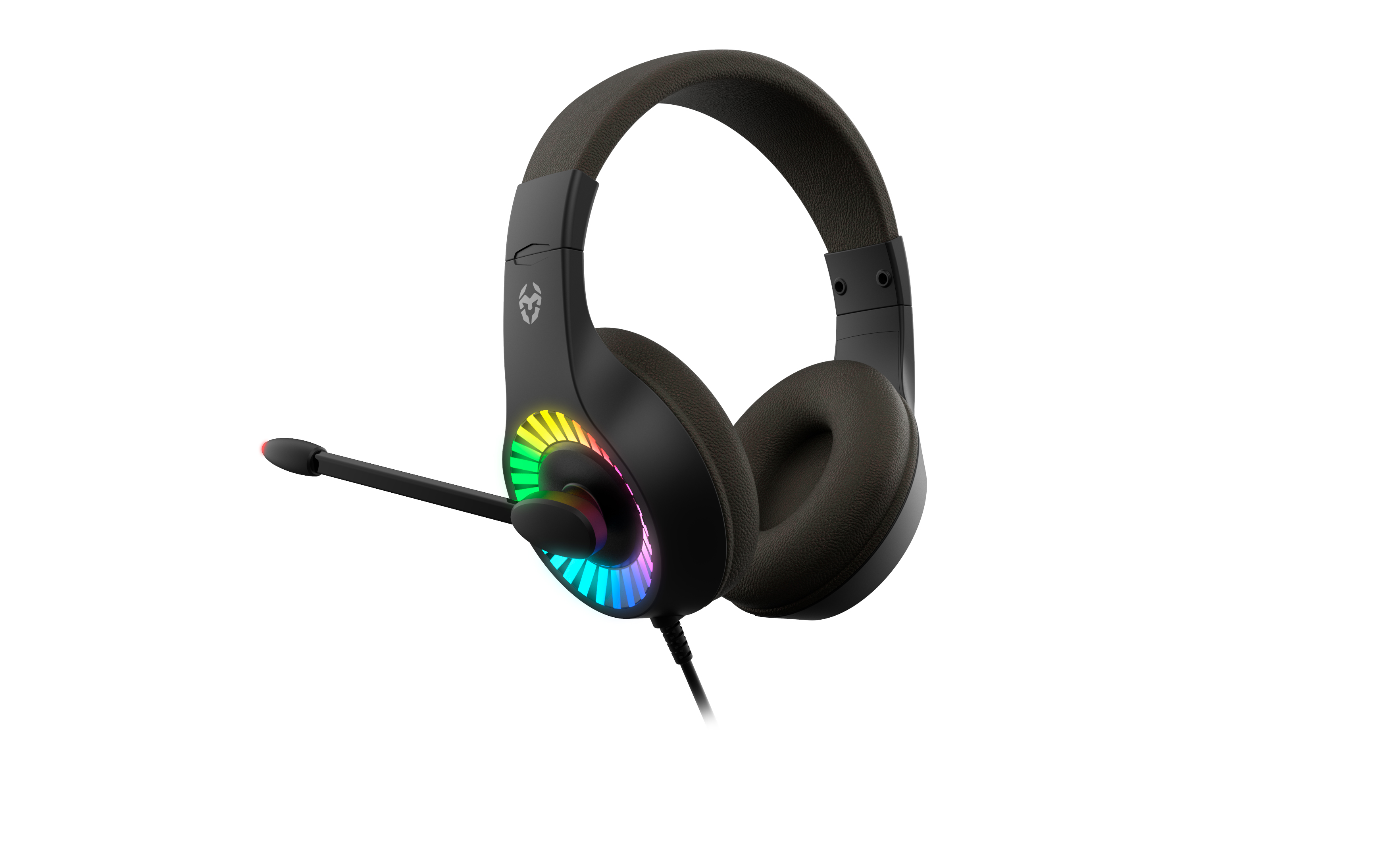 Auriculares gaming negros con micrófono. Los auriculares están iluminados con LED de colores.