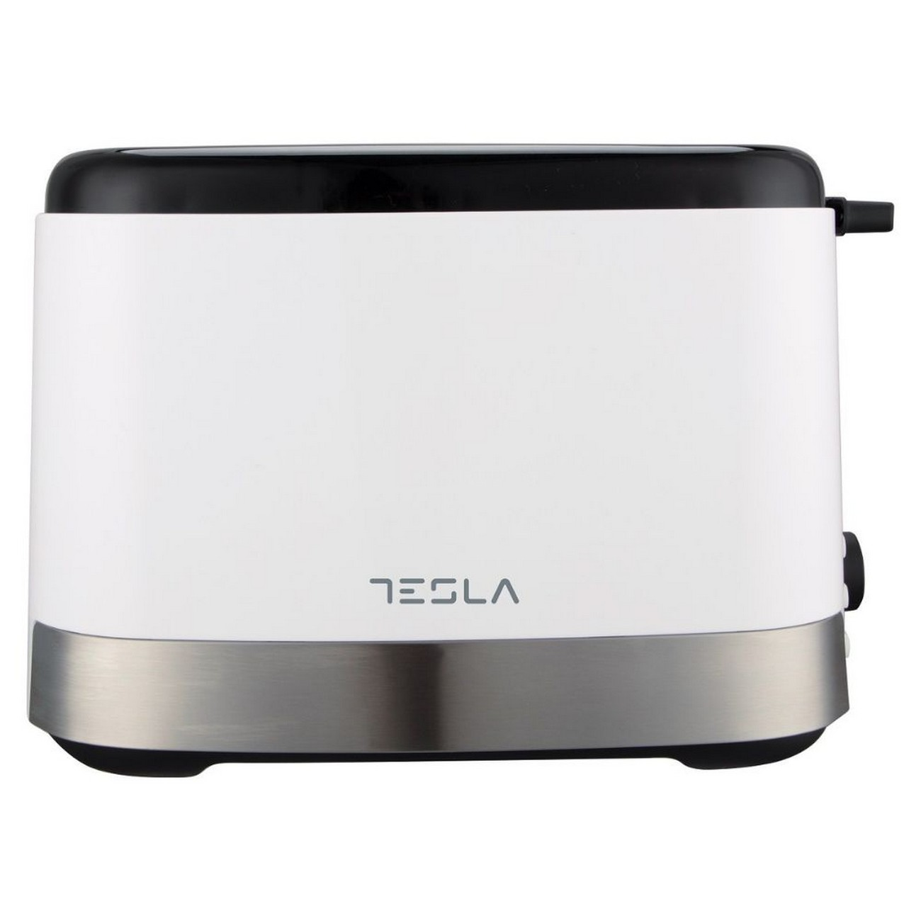 Biały i srebrny toster Tesla. Czarny wierzch. Logo Tesla na dole.