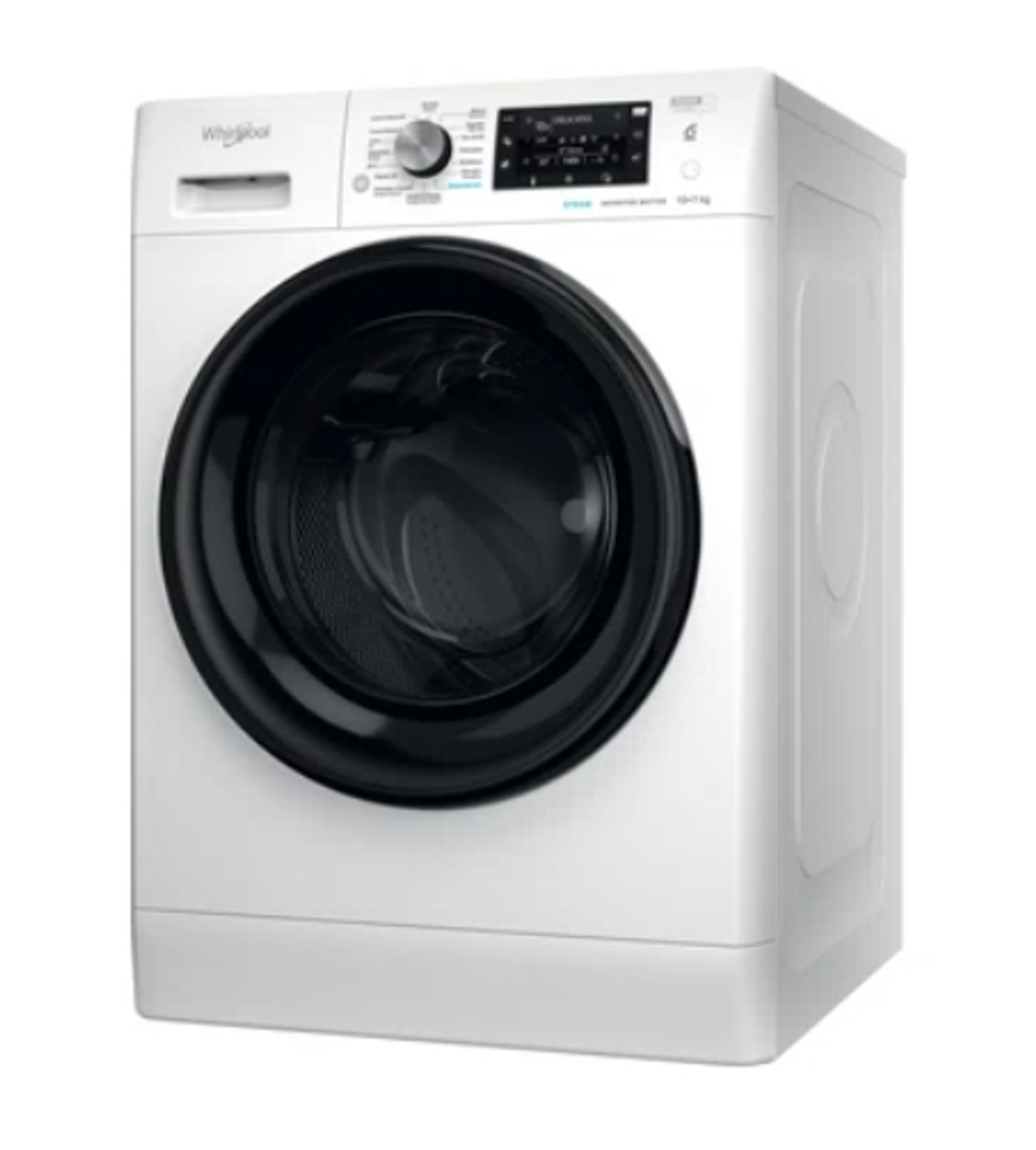 Lavadora Whirlpool blanca aislada sobre fondo blanco.