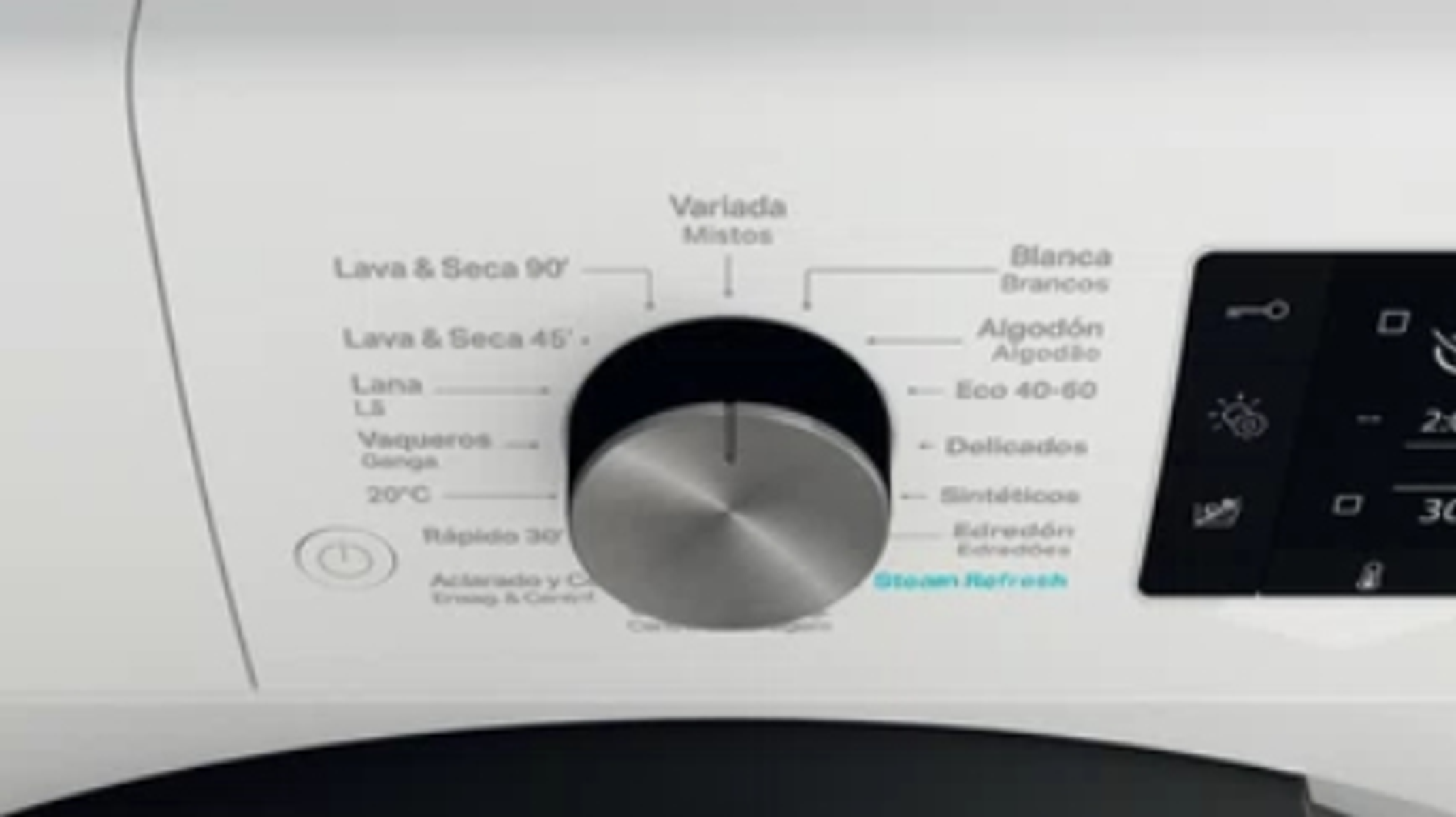 Panel de control de lavadora con varios programas de lavado para elegir.