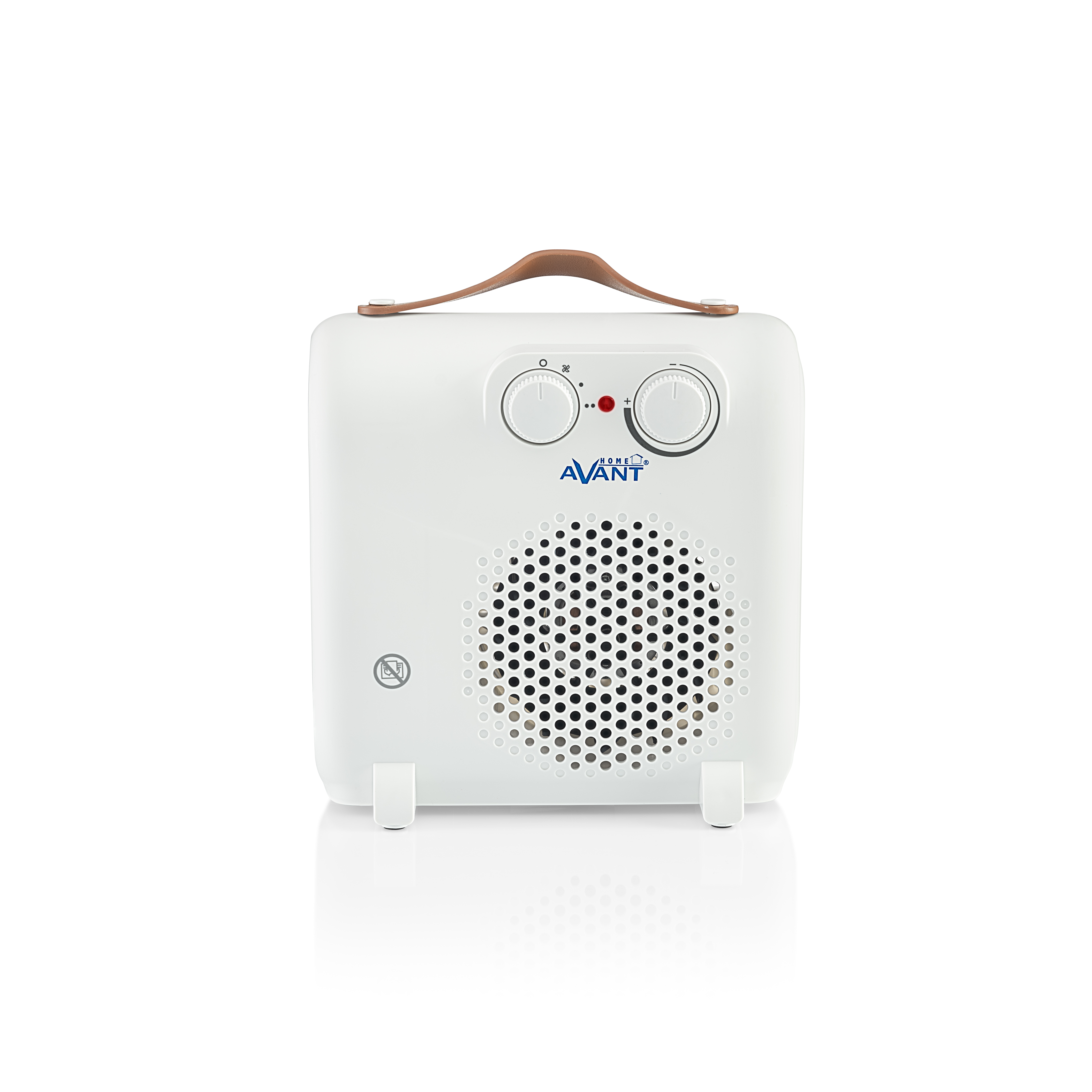 Un calentador blanco en forma cuadrada con un asa y dos perillas de control.