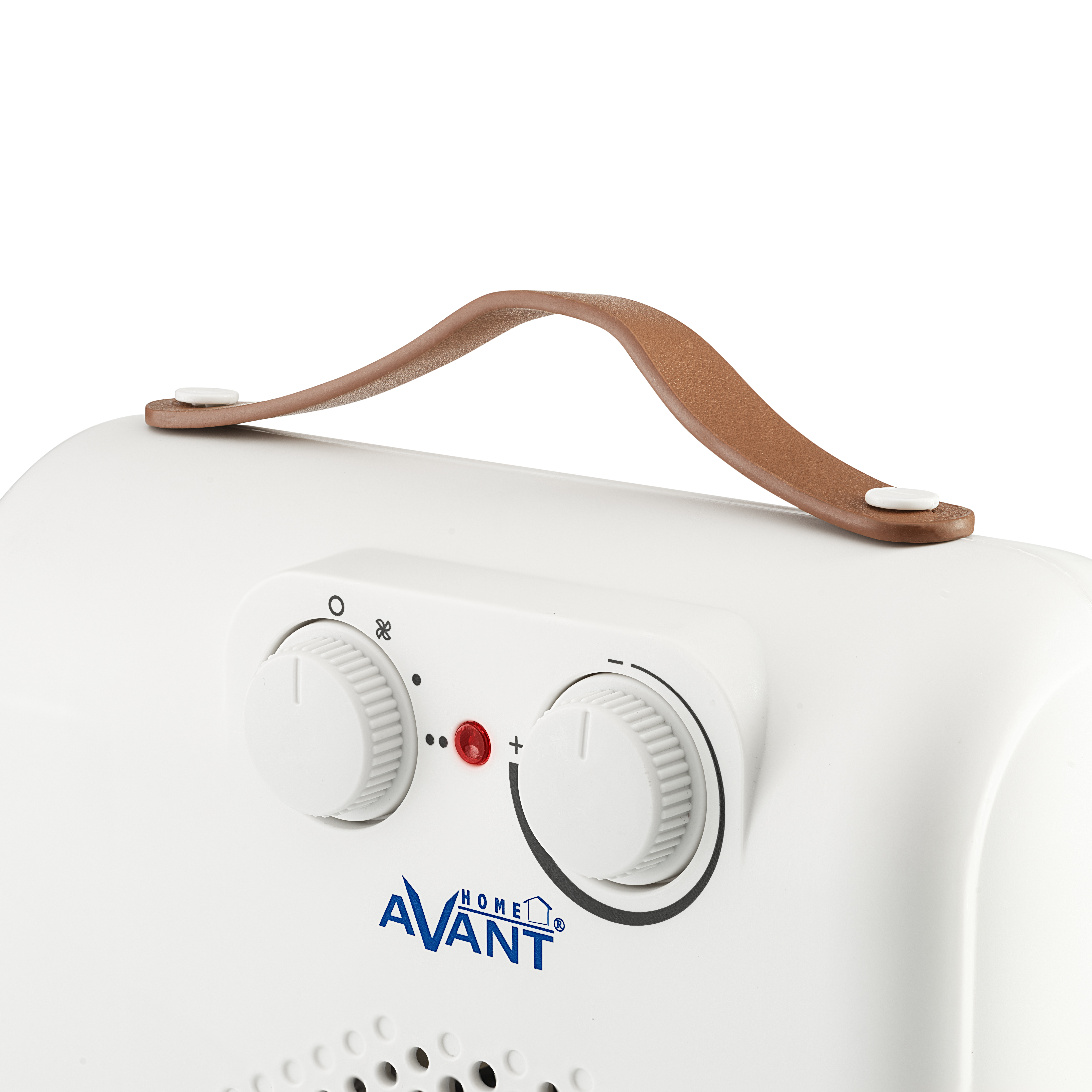 Calentador eléctrico blanco y blanco, asa de cuero marrón, con dos perillas de control.