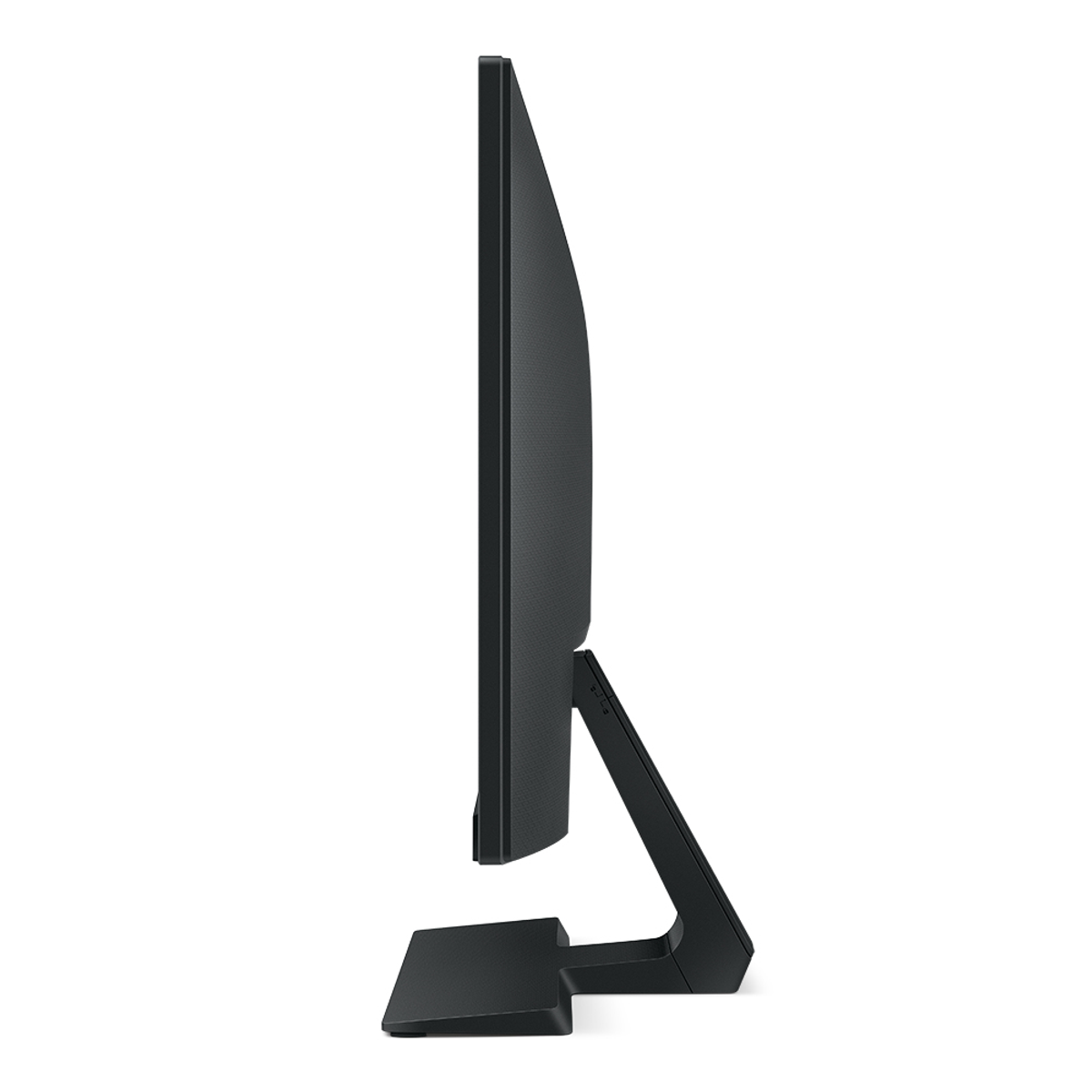 Ein schwarzer Computermonitor von der Seite. Zeigt den Bildschirm und den Ständer.