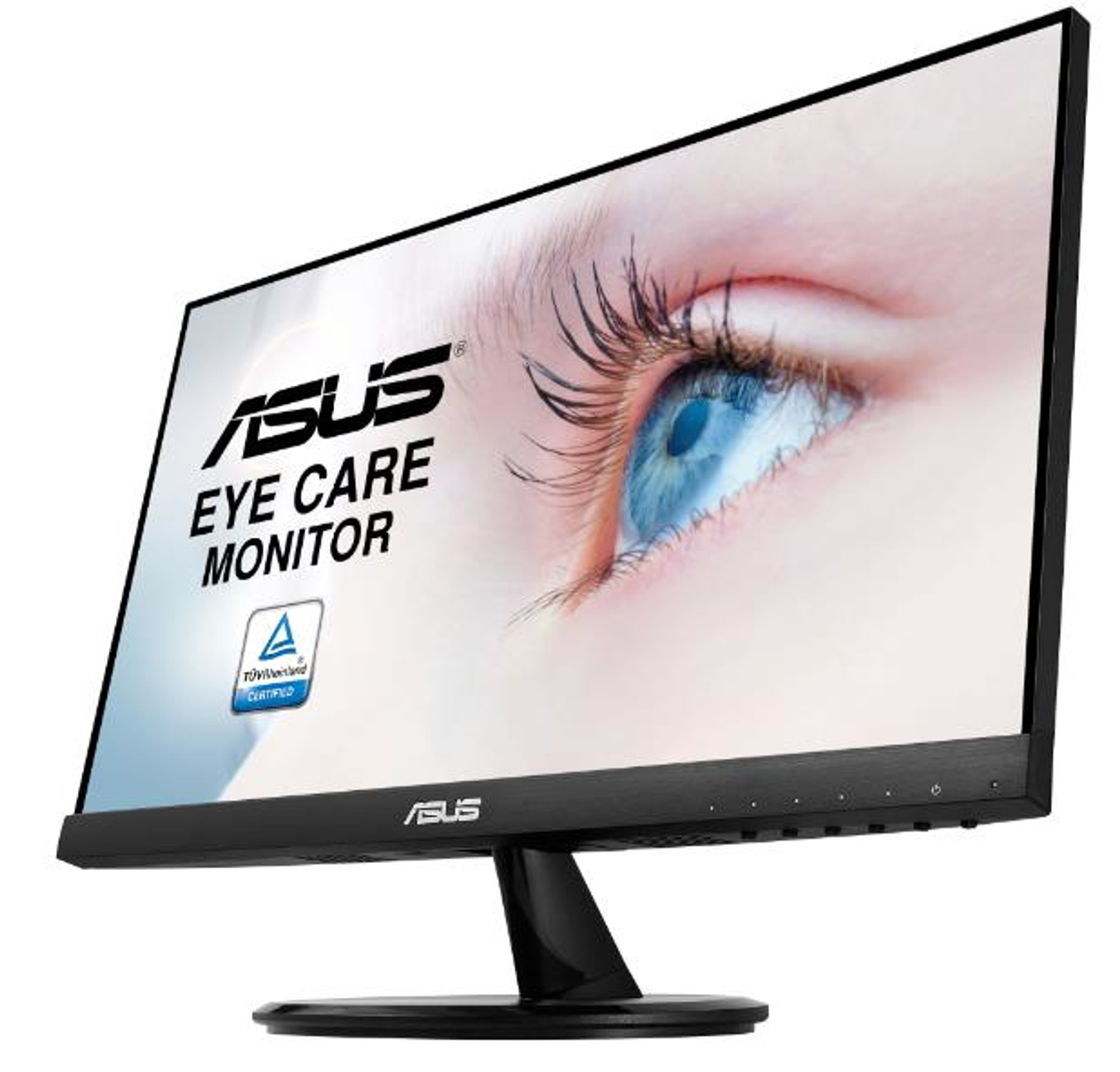 Un monitor de computadora muestra un ojo y texto: ASUS EYE CARE MONITOR, con el logotipo de ASUS.