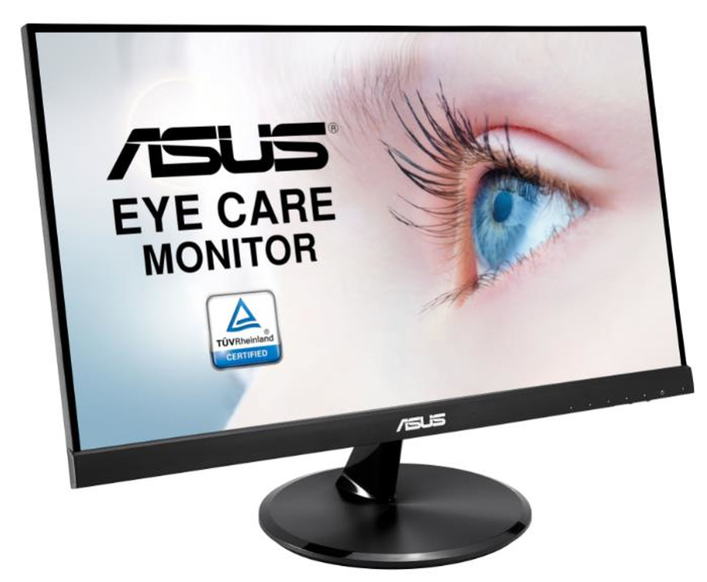 Monitor ASUS negro con imagen de ojo azul. Texto: 'EYE CARE MONITOR'.