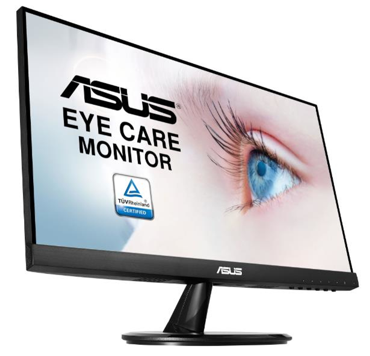 Un monitor ASUS con el texto 'EYE CARE MONITOR'. En la pantalla hay un primer plano de un ojo azul.