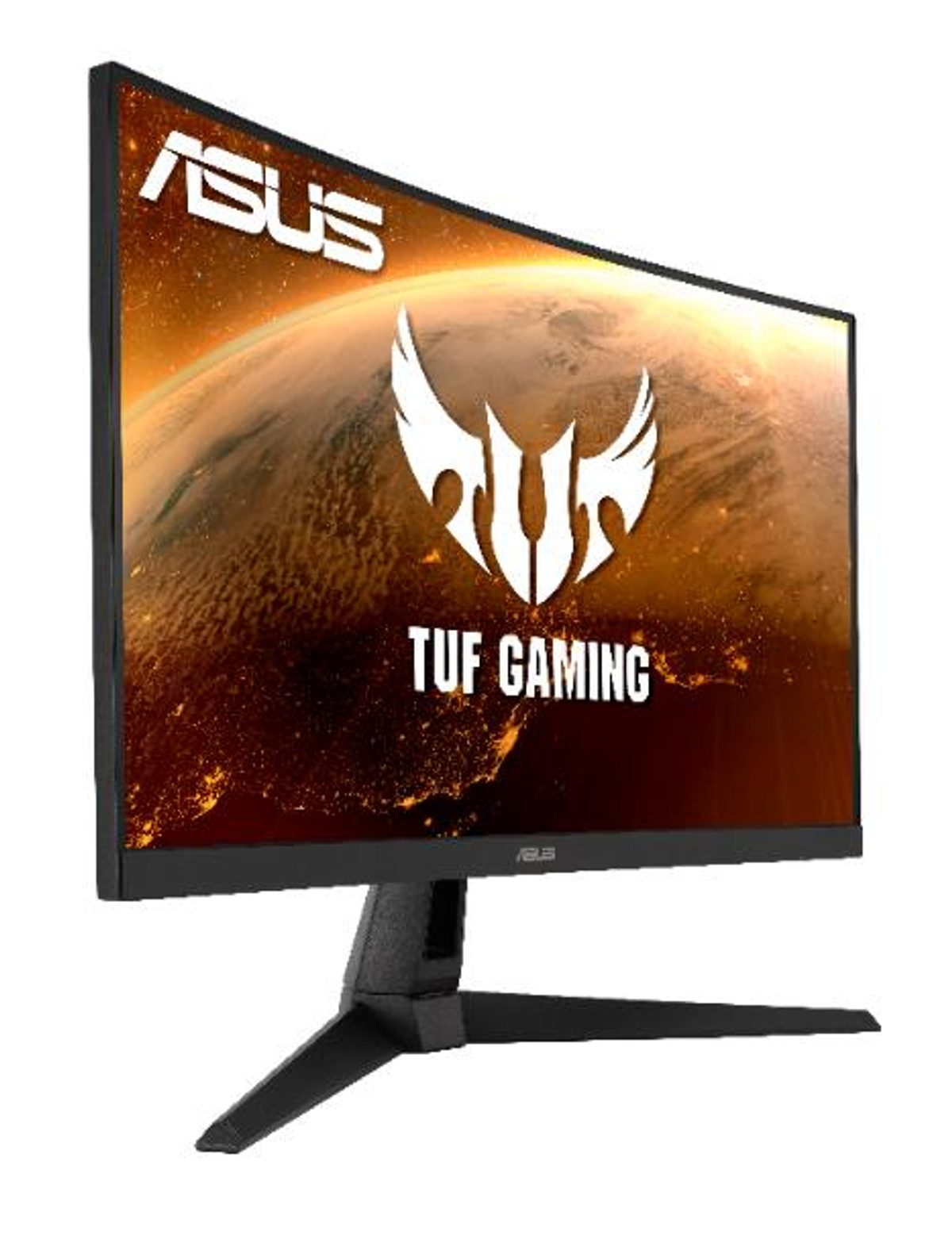 Zakrzywiony monitor wyświetlający scenę z gry z czarnym stojakiem. Monitor ma logo ASUS.