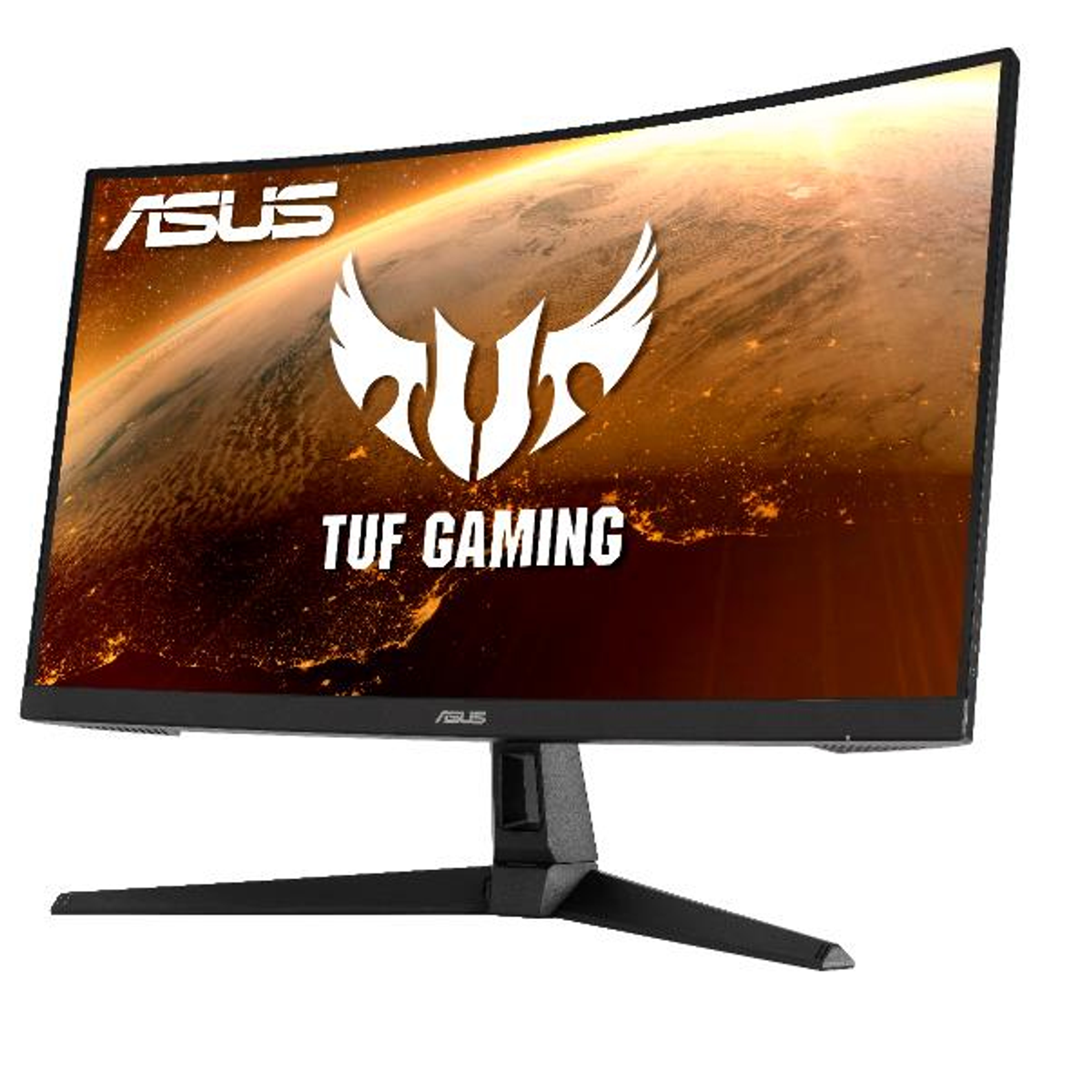 Zakrzywiony monitor ASUS z logo TUF GAMING i ciemnym tłem z jasnymi światłami.