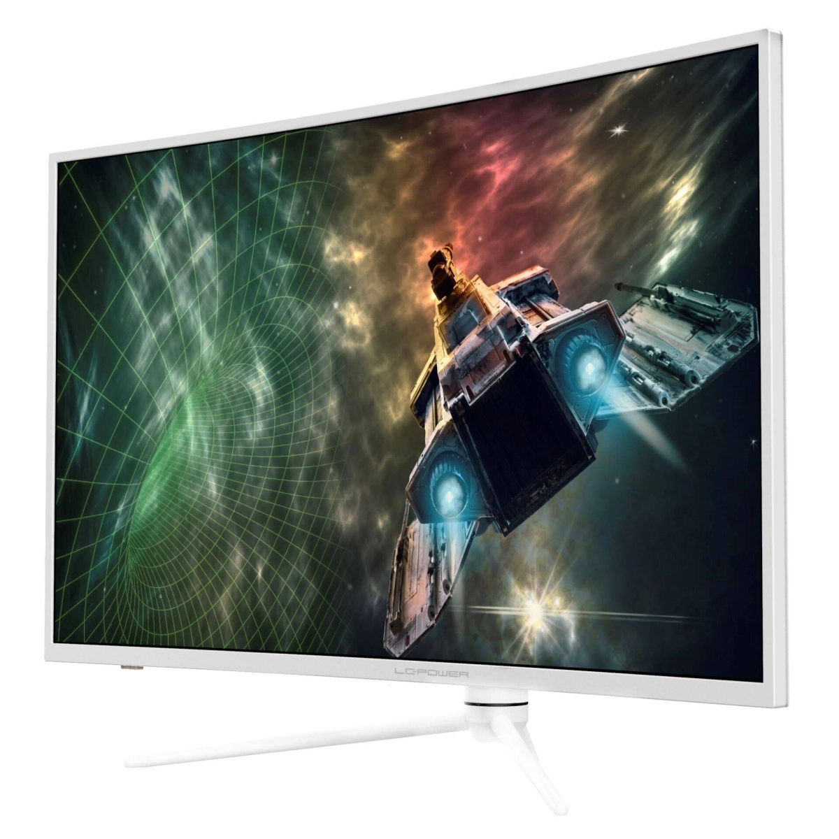Biały zakrzywiony monitor z kosmiczną scenerią na ekranie. Biała podstawa go wspiera.