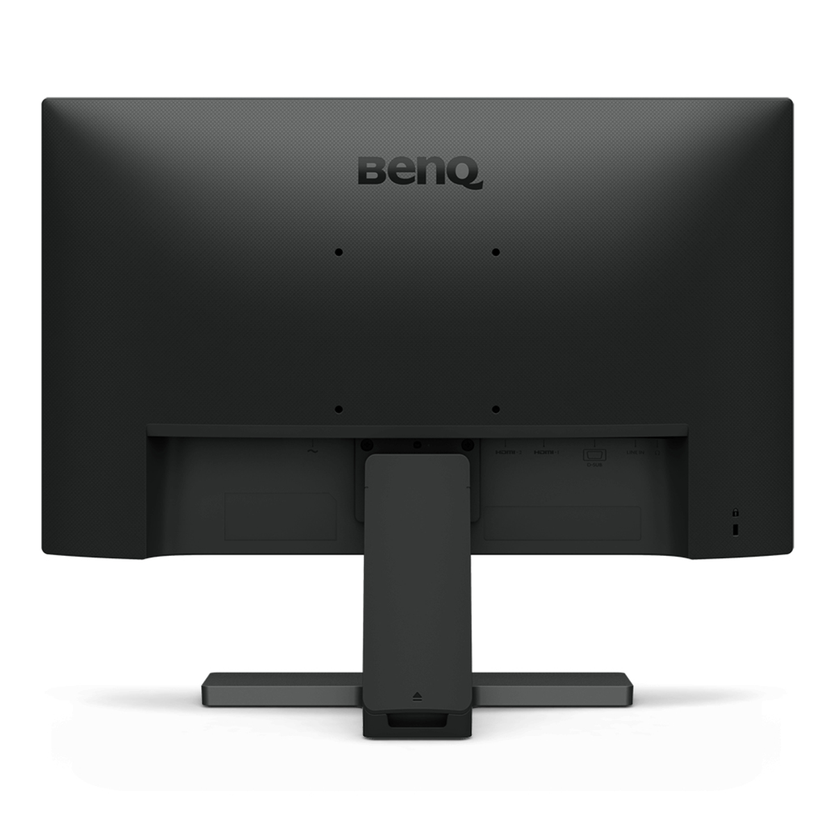 Tył czarnego monitora, pokazujący porty i podstawę.