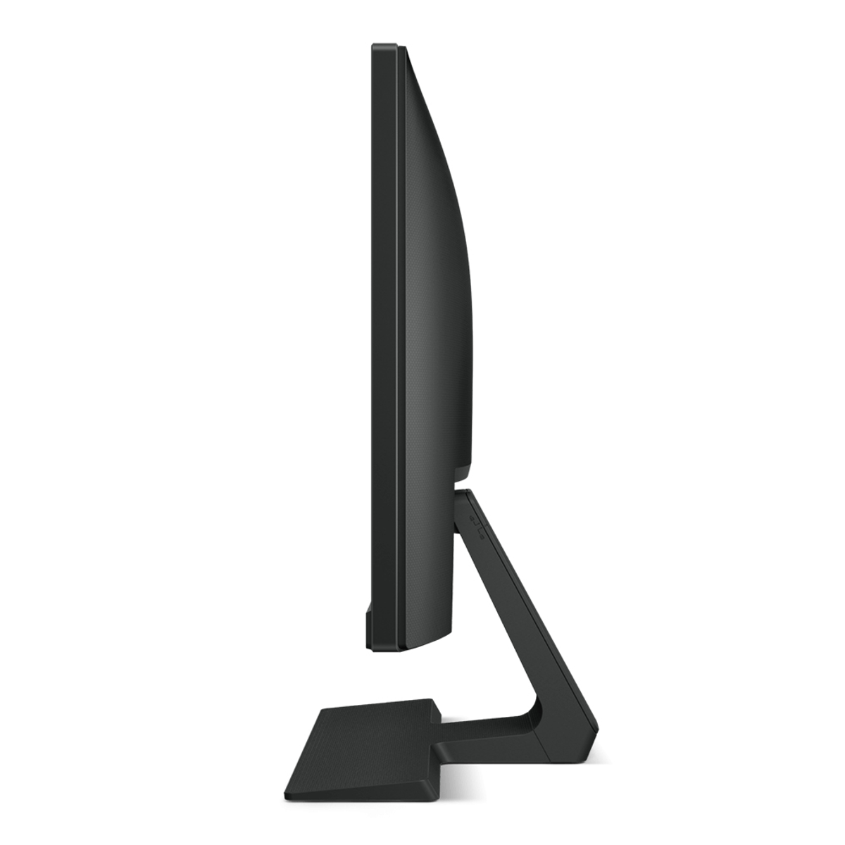 Widok z boku czarnego monitora komputerowego na czarnym stojaku. Ekran jest wyłączony.
