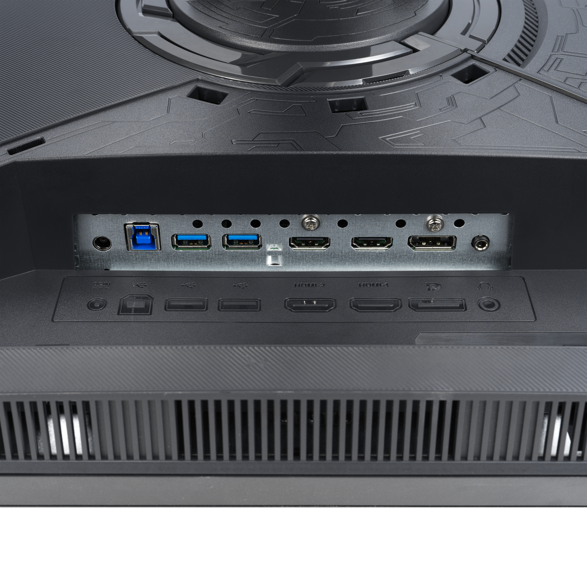 Rückseite eines Monitors mit Anschlüssen. USB, HDMI und andere Anschlüsse. Die Rückseite ist schwarz und grau.