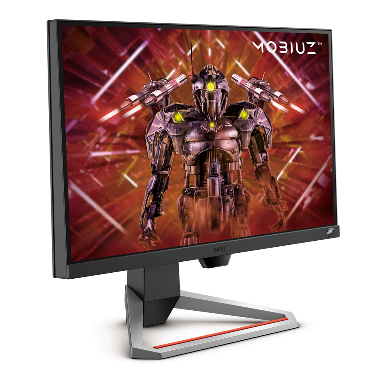 Ein BenQ MOBIUZ Monitor, der eine futuristische Spielszene mit Robotern zeigt.