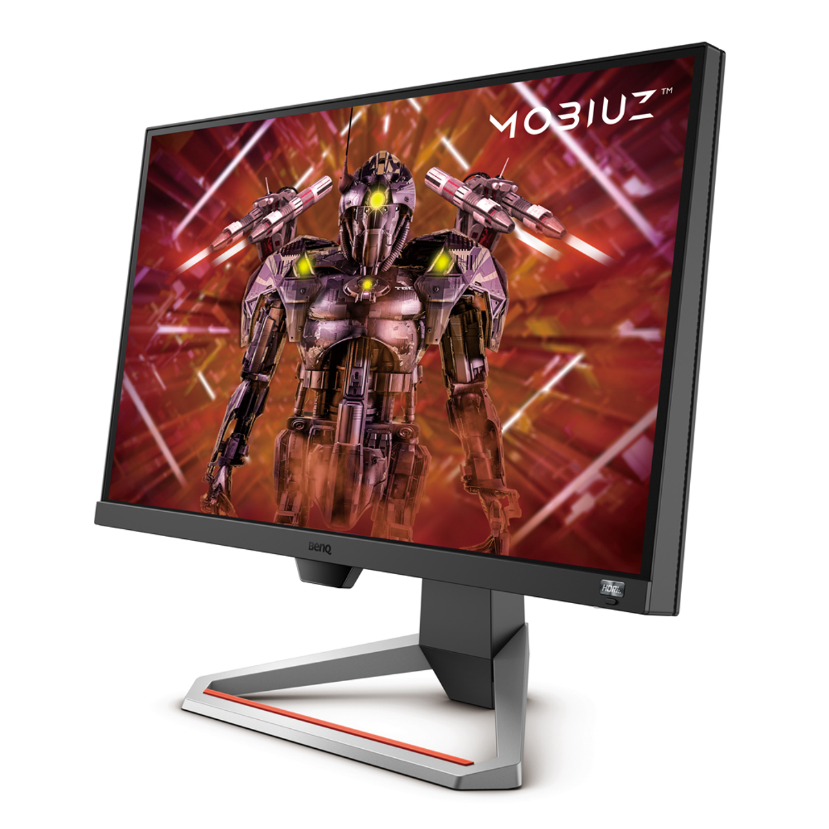 Ein Monitor mit einer Roboter-Grafik auf dem Bildschirm. Der Ständer ist silber und rot.