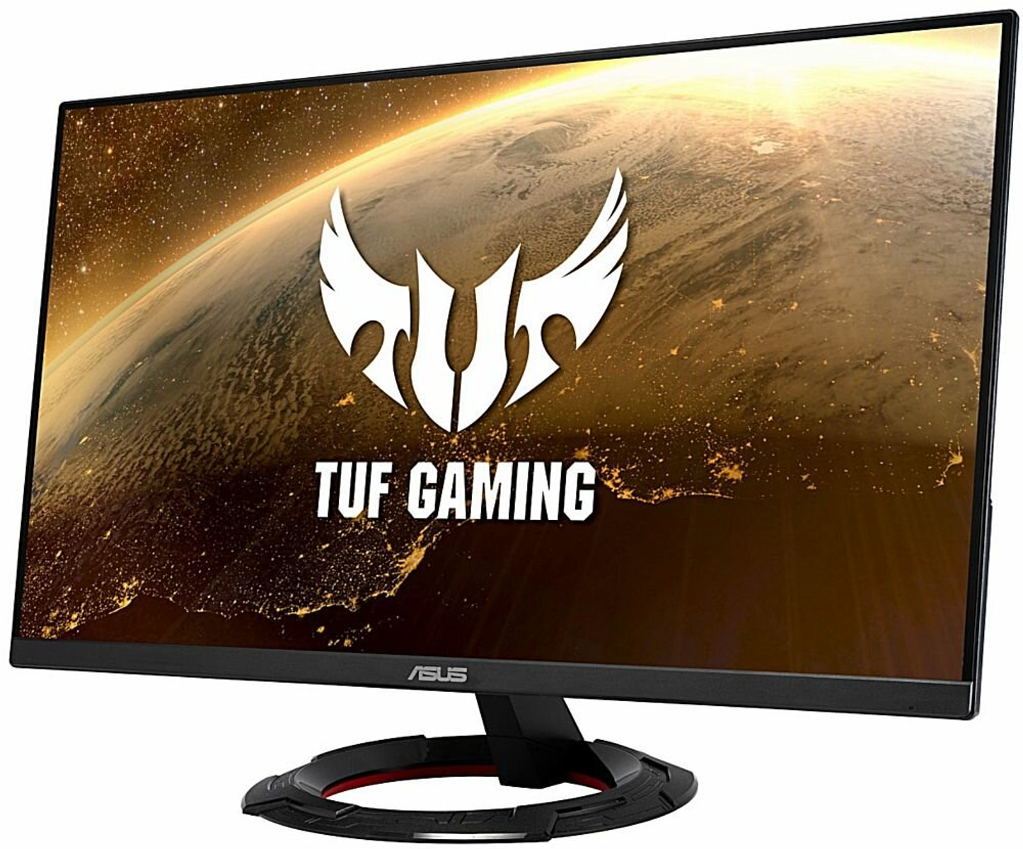 Monitor ASUS TUF gaming con pantalla curva, mostrando un fondo digital de la tierra.
