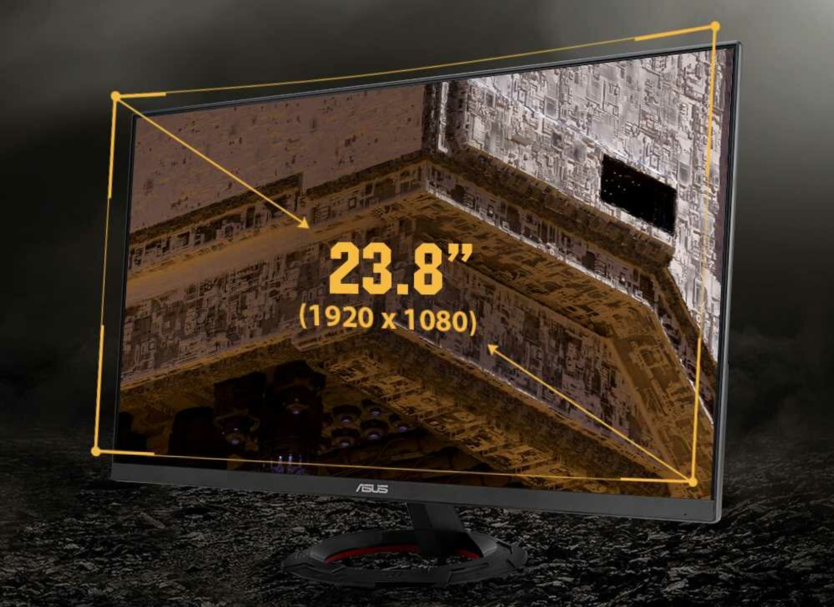 Monitor ASUS de 23.8" con diseño futurista, mostrando una imagen de un edificio.