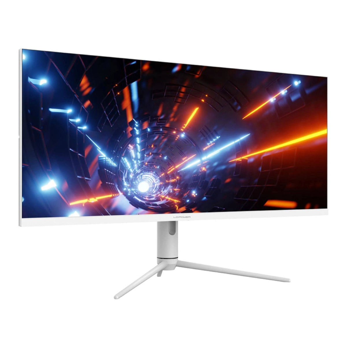 Biały monitor ze stojakiem. Ekran wyświetla futurystyczną scenę tunelu z niebieskimi i pomarańczowymi światłami.