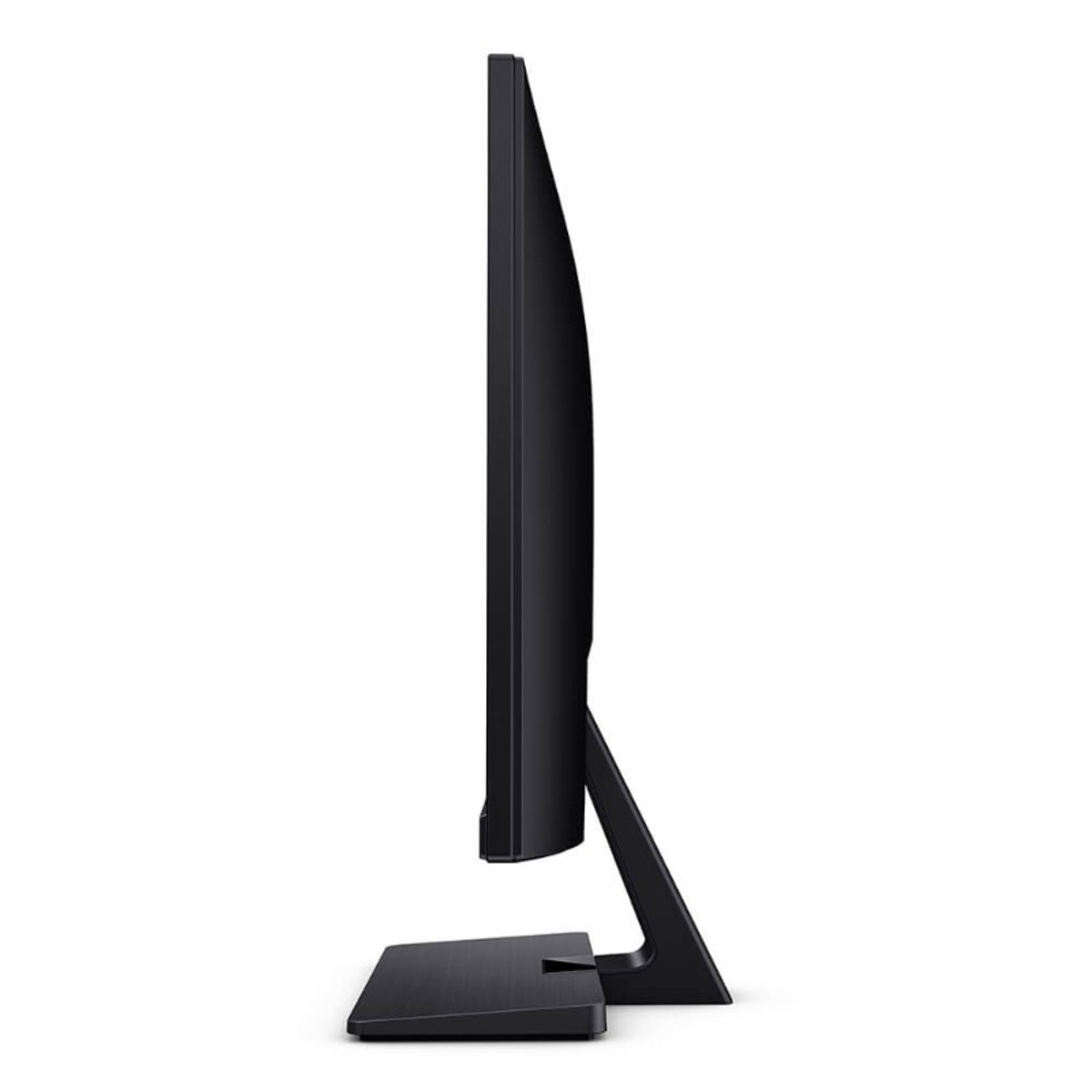 Vista laterale di un monitor nero con supporto. Lo sfondo è bianco.