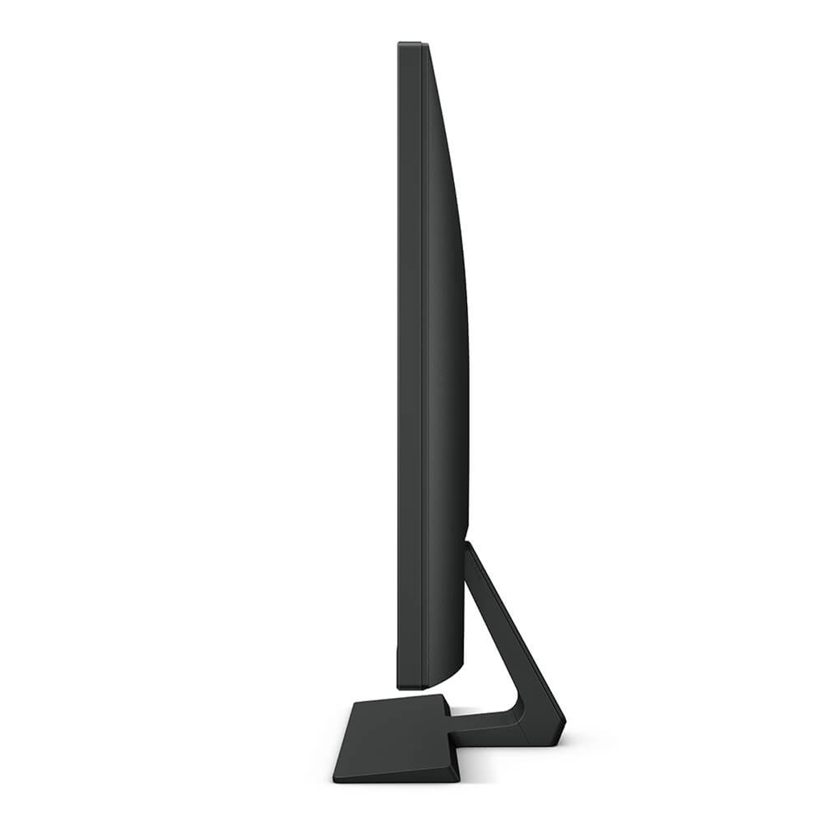 Un monitor nero per computer di profilo, che mostra uno schermo sottile, un supporto e una base, su sfondo bianco.