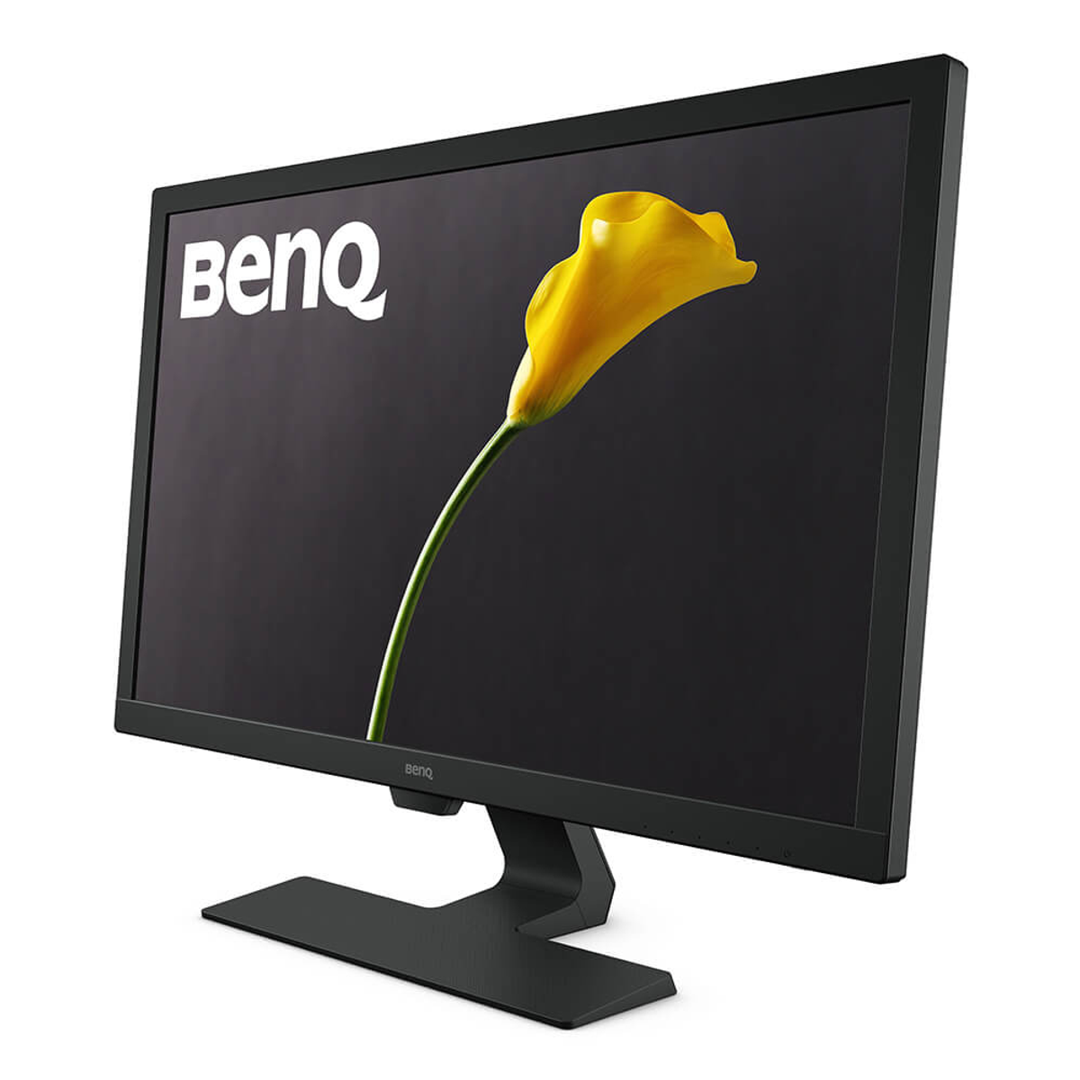Un monitor BenQ nero mostra un fiore giallo su uno sfondo scuro, inclinato verso sinistra.