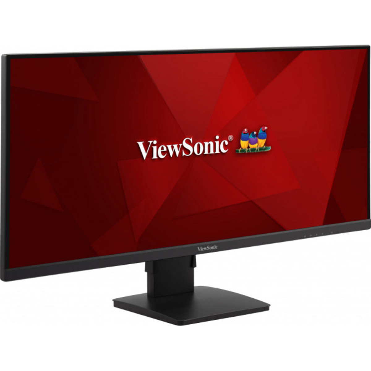 Monitor nero con logo ViewSonic rosso e sfondo rosso.