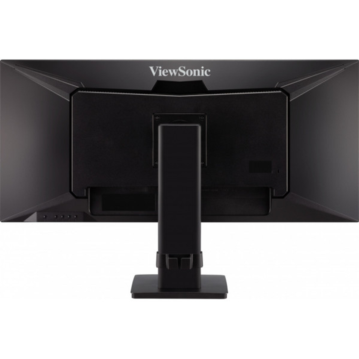 Monitor per computer nero, vista posteriore, con supporto e il logo 'ViewSonic'.