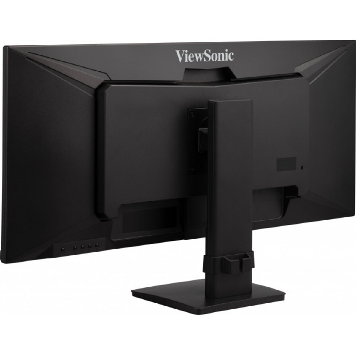 Monitor del computer nero, vista posteriore. Logo ViewSonic, supporto e porte visibili.