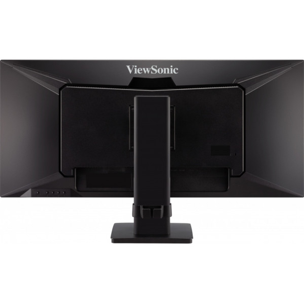 Vista posteriore di un monitor ViewSonic nero. Supporto e logo neri visibili.