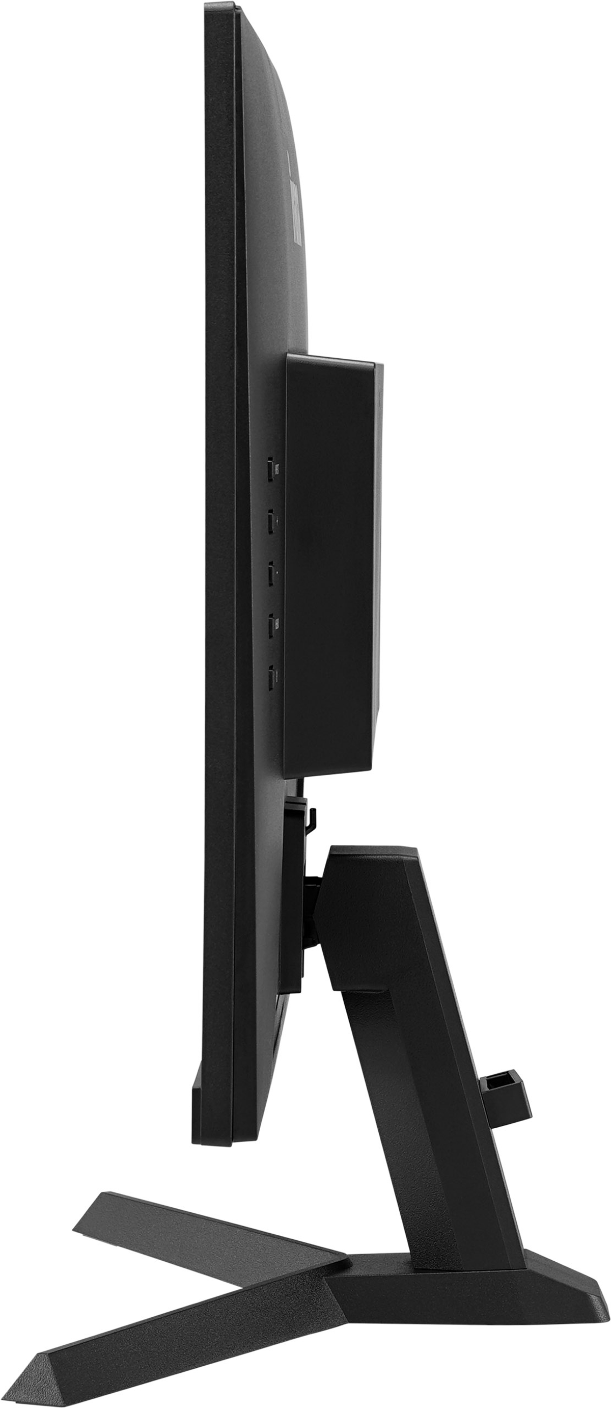 Vista laterale di un monitor per computer nero con supporto. Lo schermo è nero.