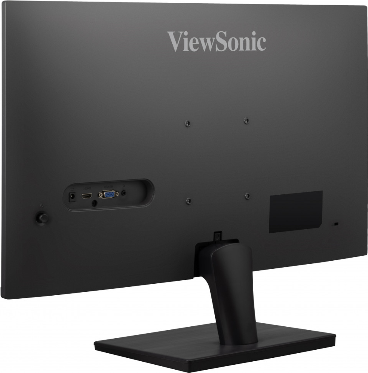 Die Rückseite eines schwarzen Computermonitors mit Anschlüssen und einem Ständer.