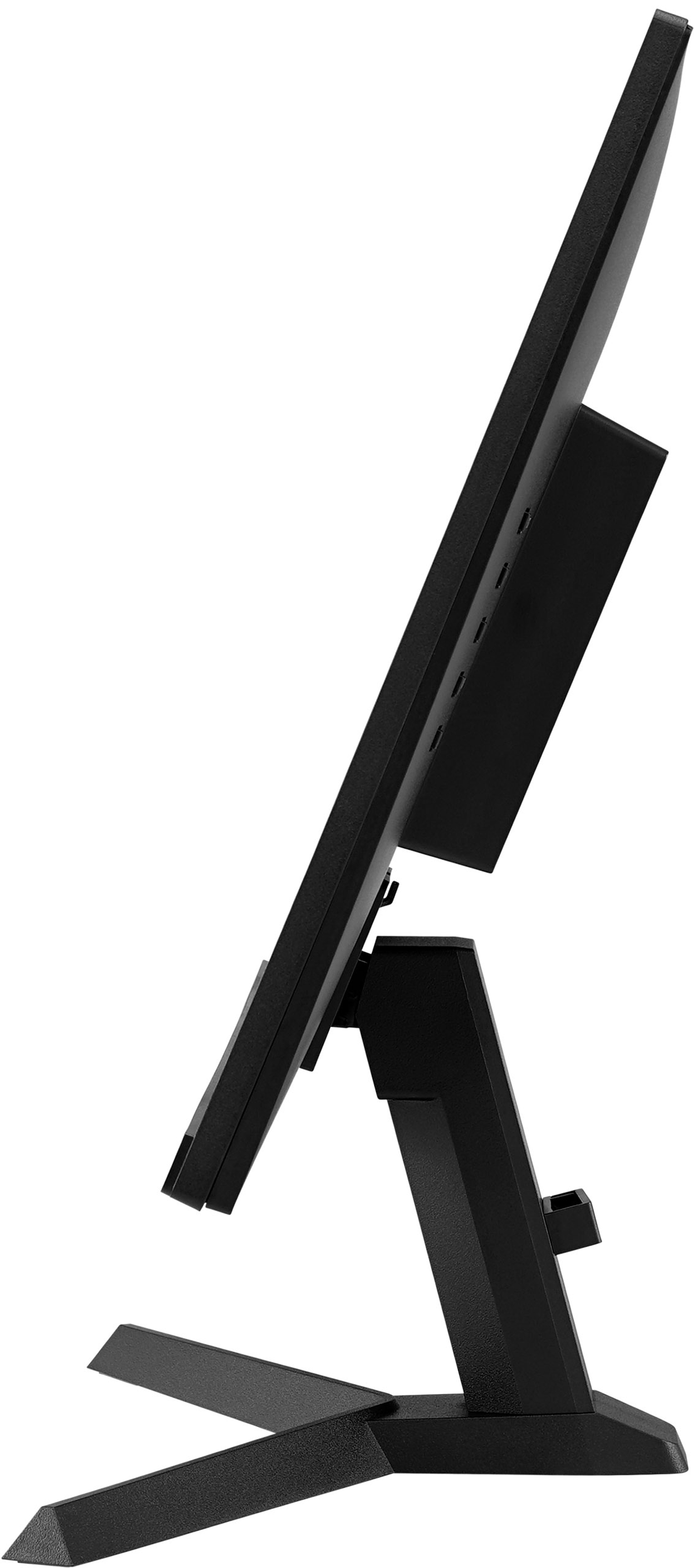 Monitor del computer nero, vista laterale. Lo schermo è angolato, con supporto nero.
