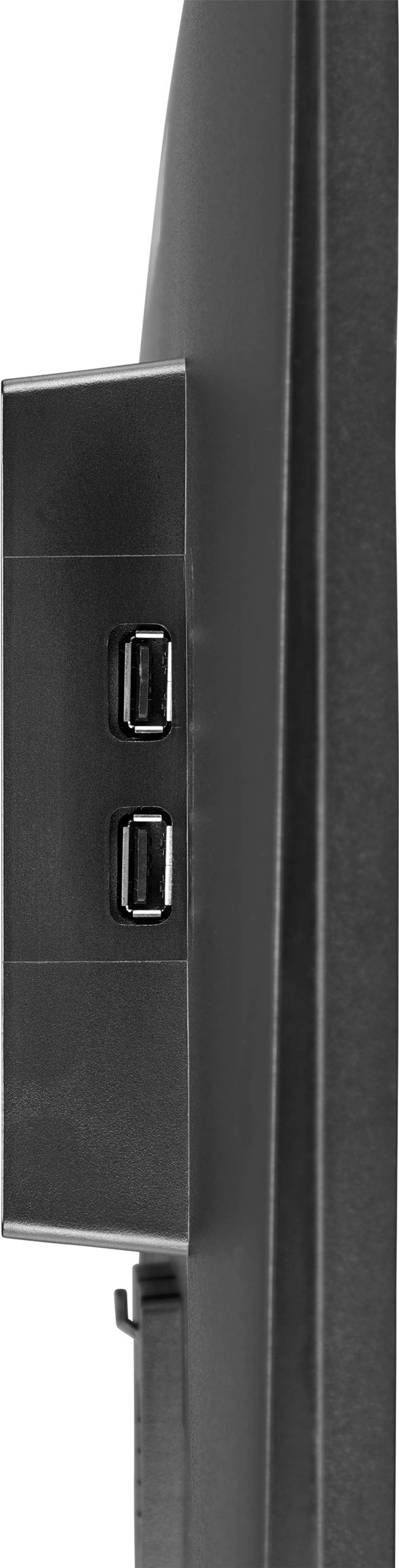 Vista laterale di un monitor nero che mostra porte USB.